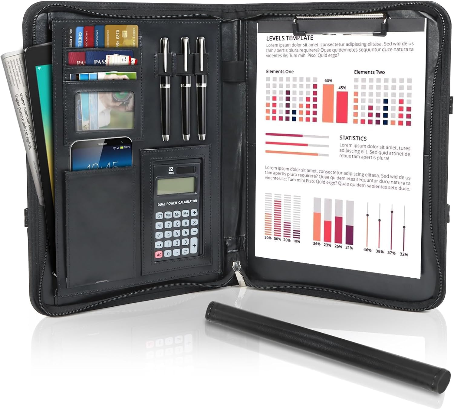 Cartella Portadocumenti A4 in Pelle con Calcolatrice e Cerniera, Portablocchi Organizer – Nero