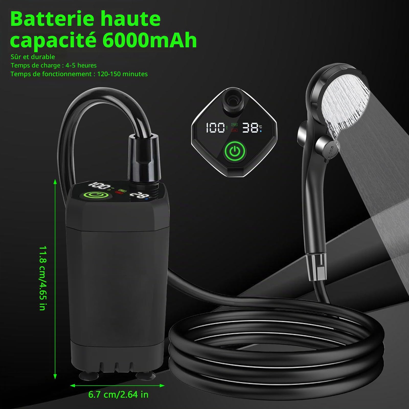 Douche de camping portable, douche de camping portable, 6000 mAh, douche de camping portable, douche de camping avec rechargeable pour le jardin, le lavage de voiture, la plage, les voyages, choix