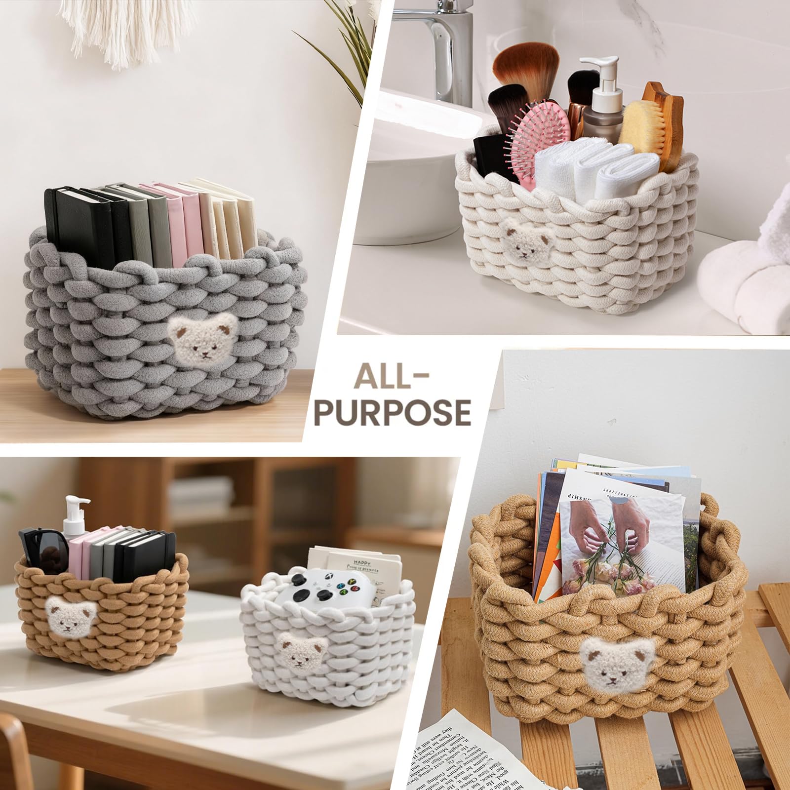 2 Pièces Paniers de Rangement en Corde de Coton, Panier de Rangement à Langer Empilables, Petit Panier Tressé Carré Organisateur Bébé, pour Chambre de Bébé Bain Salon, Blanc