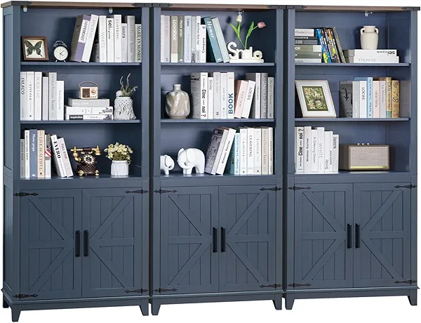 Joaxswe 5 Tier Bookshelf 70in Tall Bookcase with Barn Doors and Storage Cabinet, Blue Farmhouse Book Shelf with Adjustable Shelves, Wood Freestanding Display Bookshelves for Bedroom, Kitchen (3PCS)