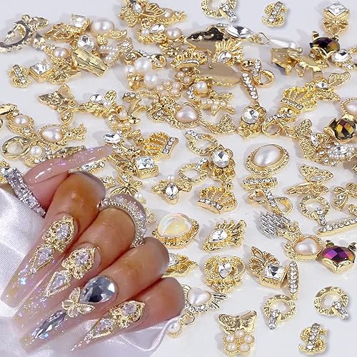 Dornail 50 dijes dorados para uñas acrílicas, estilos mixtos, diamantes de imitación brillantes de aleación de perlas para uñas, flores, mariposa,