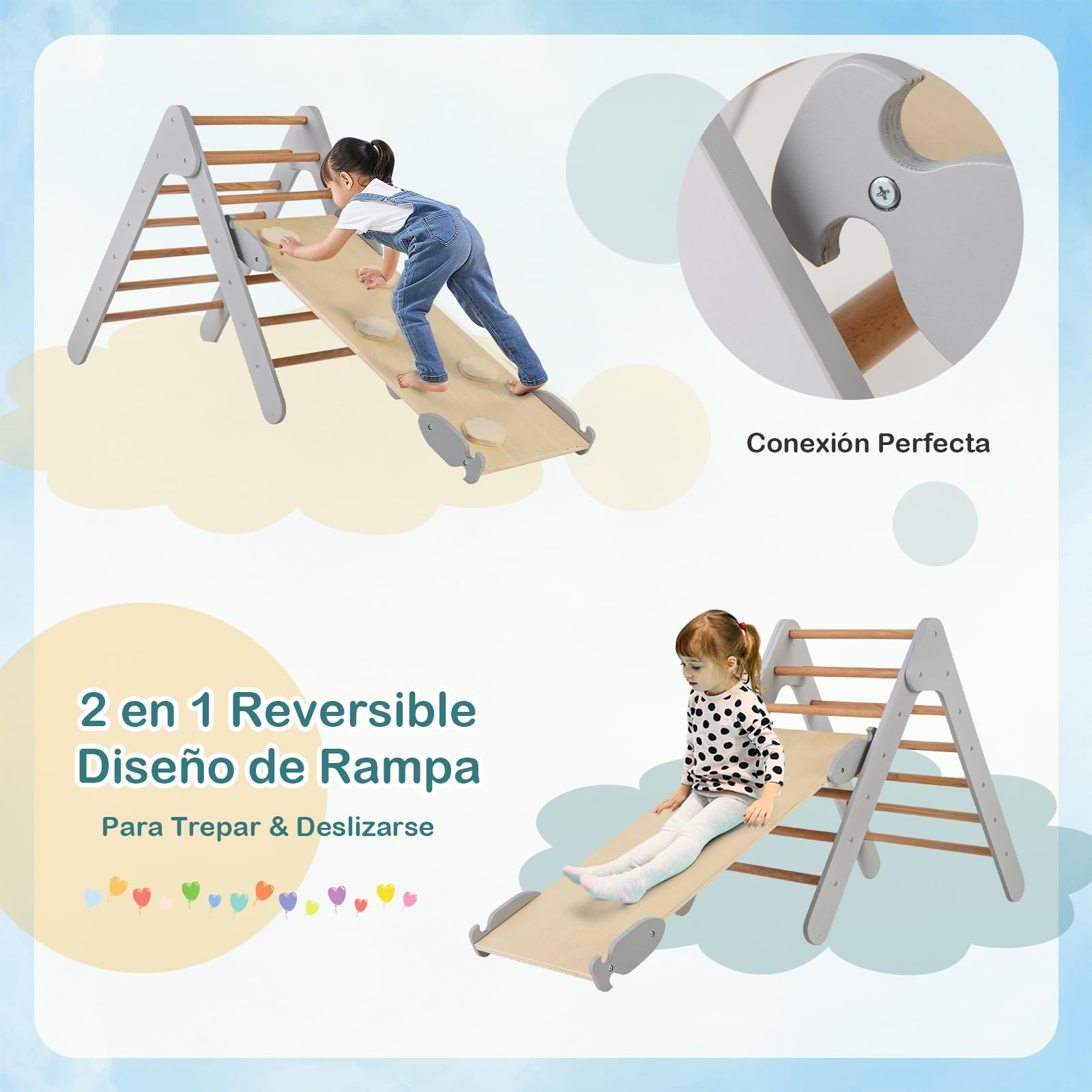 COSTWAY 3 en 1 Triángulo de Escalada con Rampa Ajustable para Escalar y Deslizarse, Escalador Triangular de Madera, Juguetes Triangulares de Escalada para Niños