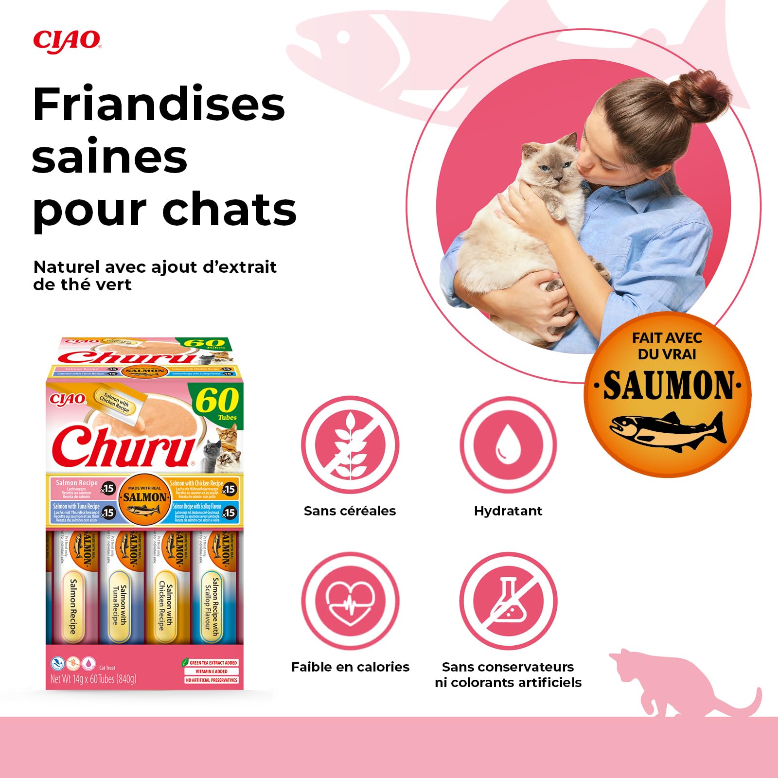INABA Churu Salmon Variety Pack, Friandises Crémeuses pour Chats, Purée à Donner à la Main, Recettes au Saumon, Thon, Poulet et Pétoncle, Ingrédients Premium, Haute Humidité, 60 Sticks x 14g