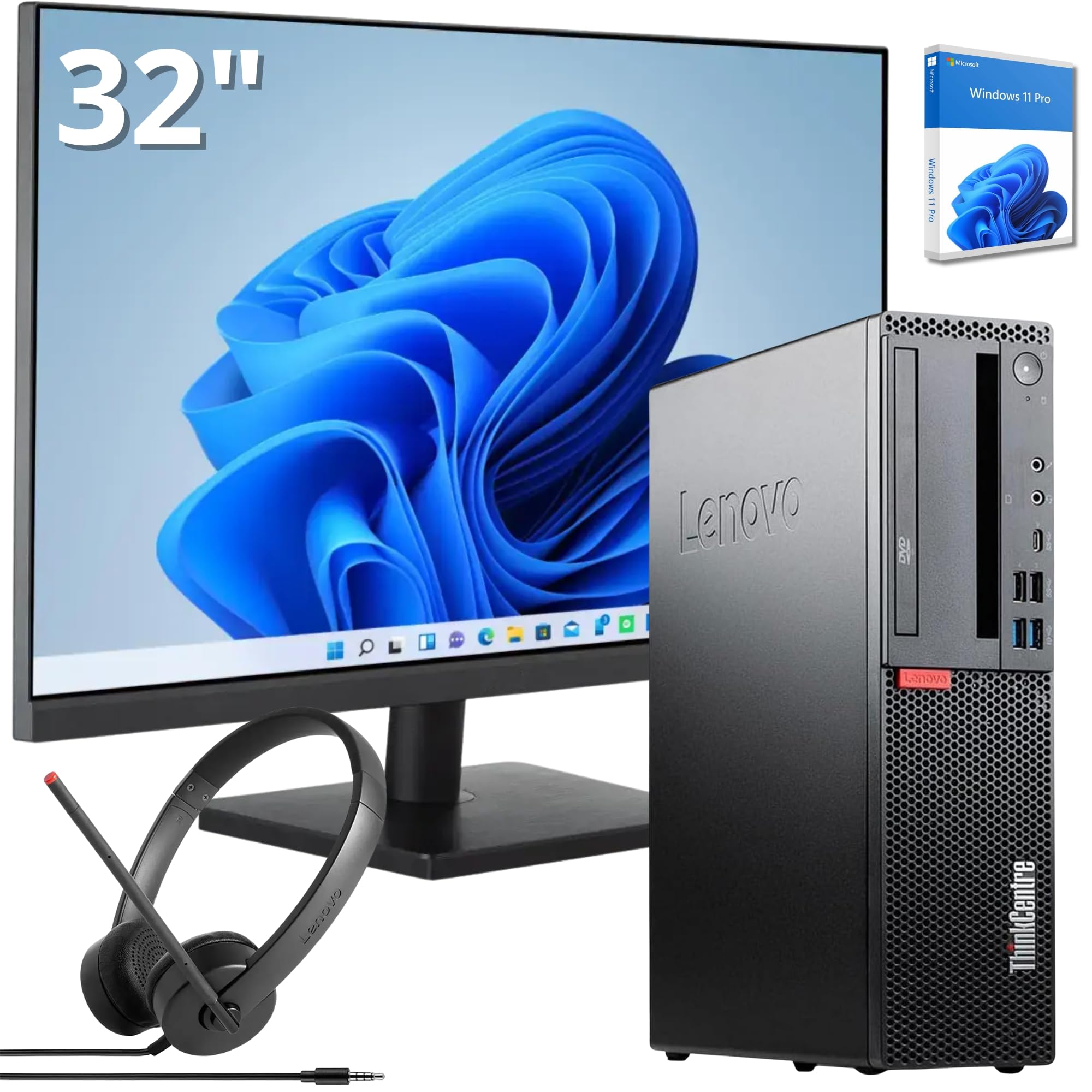 Lenovo Postazione ufficio completa Pc Desktop Intel Core i7 Fino a 4.70 Ghz | Ram 16GB | SSD 2000 GB | Monitor 32" FullHD con audio incluso Wifi Win 11 Cuffie Essential Stereo