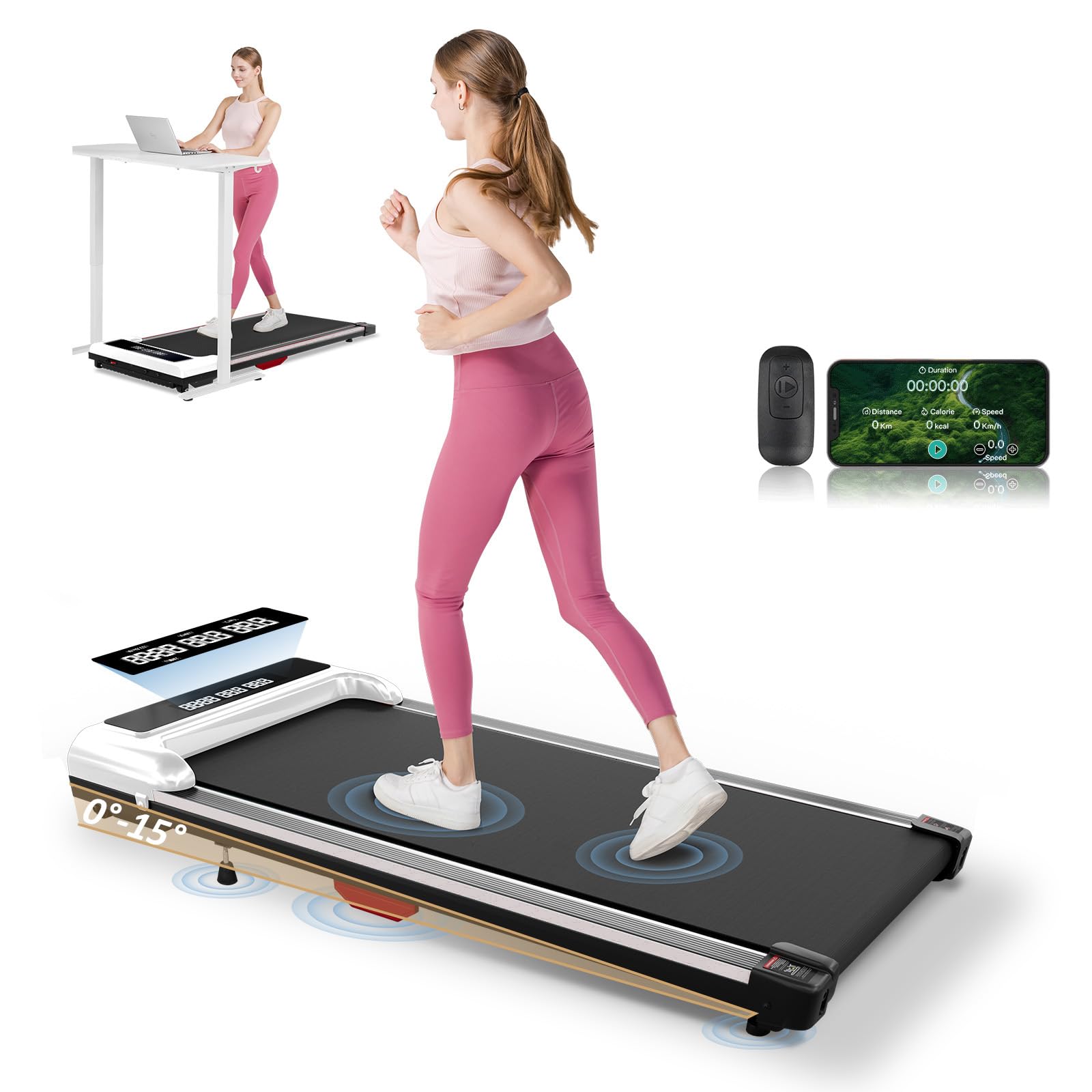 GTPLAYER Walking Pad,Treadmill with Incline for Home Office, 2.5HP Portable Under Desk Treadmill with APP Remote Control, Led Display, 300 Lbs Capacity White