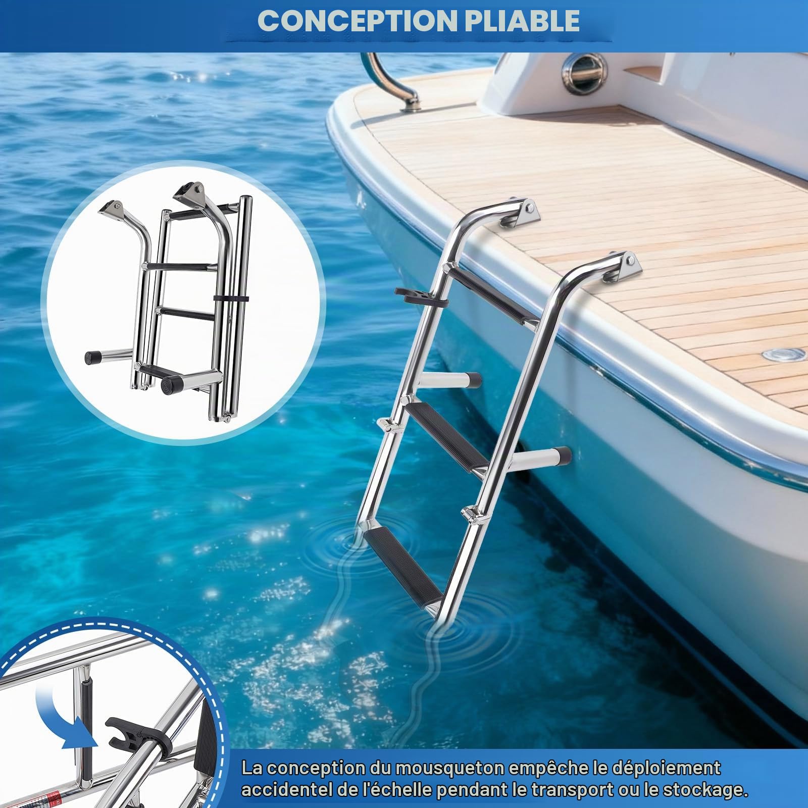 KAOLALI Echelle Piscine Hors Sol, Escabeau 4 Marches, Échelle de Bateau en Acier Inoxydable, Échelle De Natation Pliante pour Bateau, Yacht, Piscine, Pont