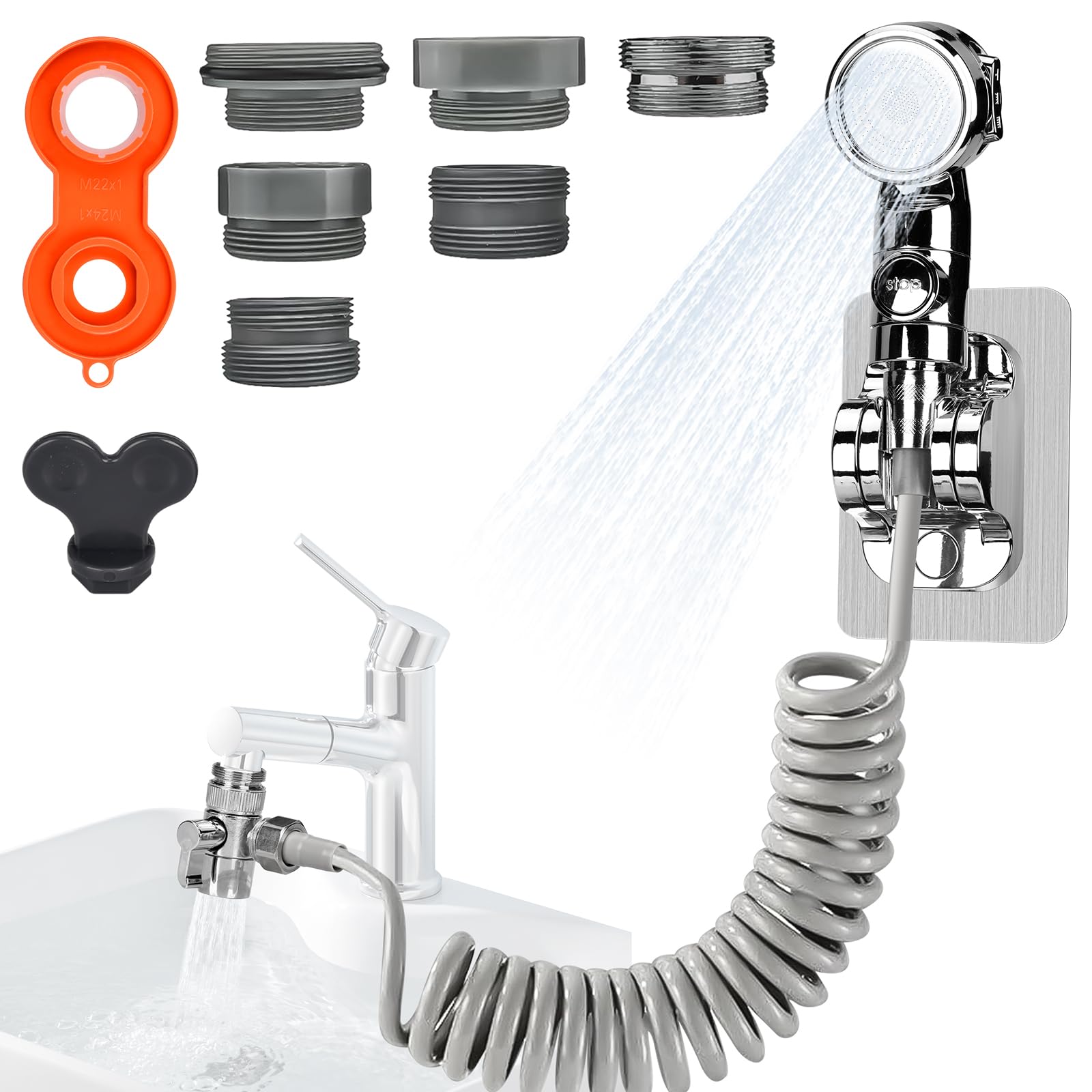 Doccetta per Lavandino Bagno con Tubo Estensibile 3M Doccino per Lavandino Cucina Doccetta Per Doccia,Doccetta per Bidet Doccino per Bidet Set Soffione Doccia con 6 Adattatore per Doccia e Bide