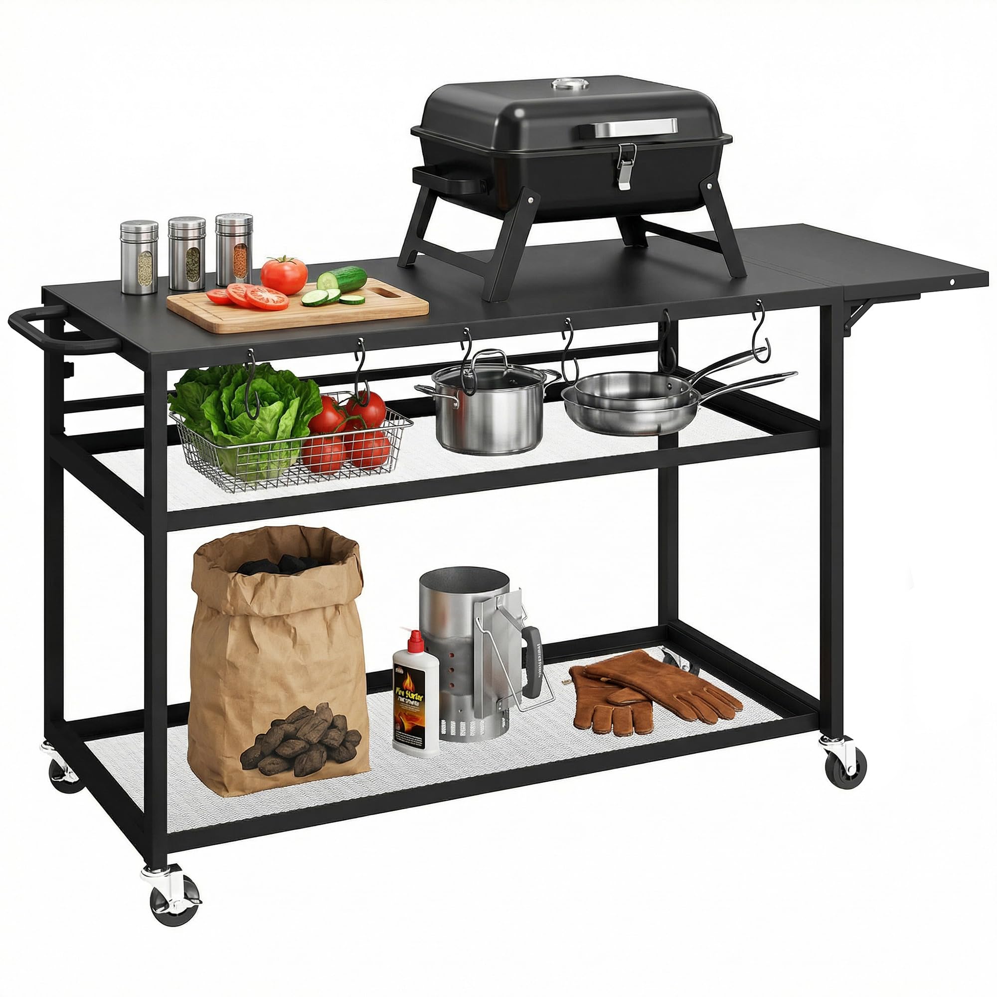 Outsunny - Carro de barbacoa con ruedas, isla de cocina con bandeja lateral plegable, tres estantes, ganchos y punzonado, 133 x 48,5 x 82 cm, color negro