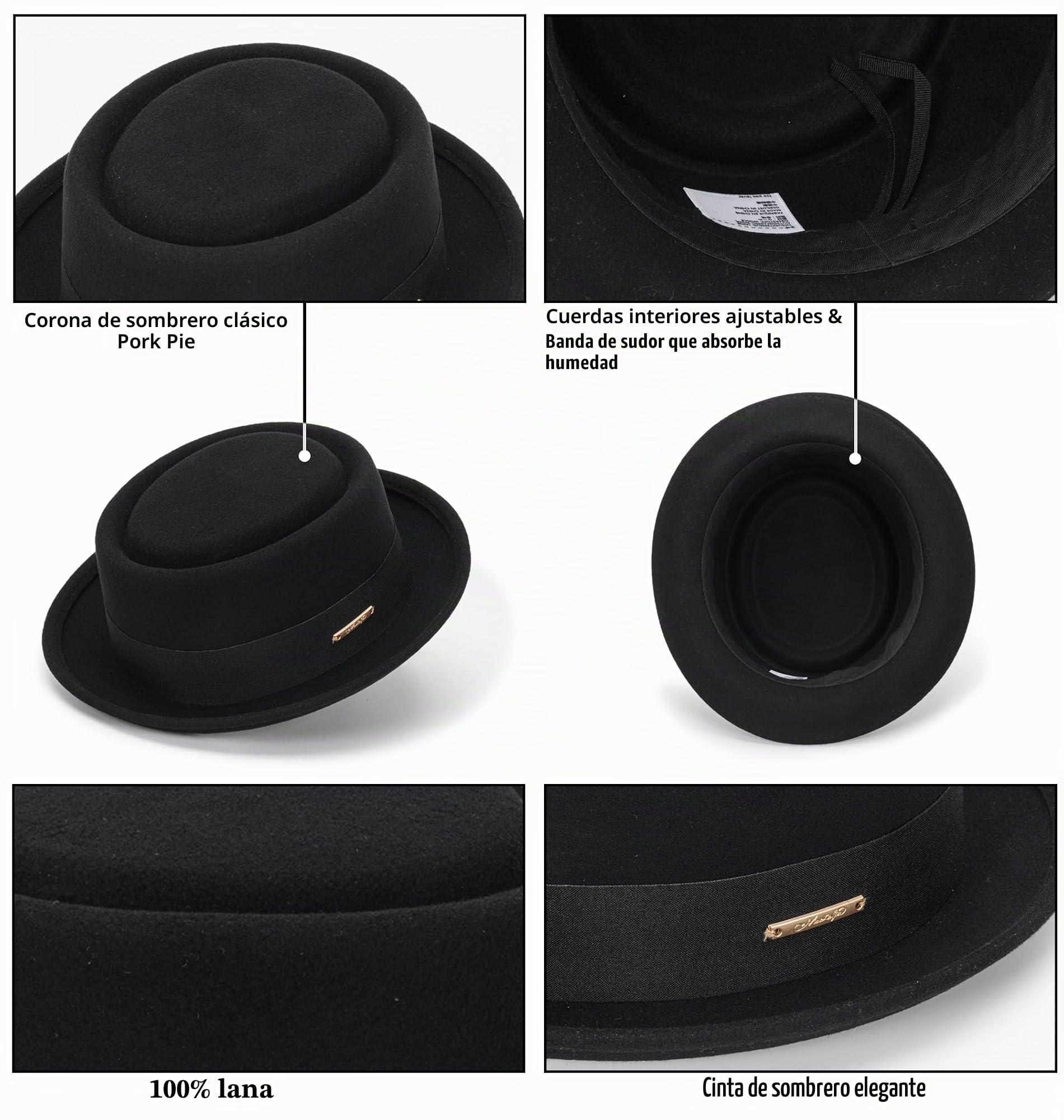 Sombrero de pastel de cerdo para hombre, lana negra, parte superior plana, sombrero Fedora Trilby, sombrero unisex (S/M)
