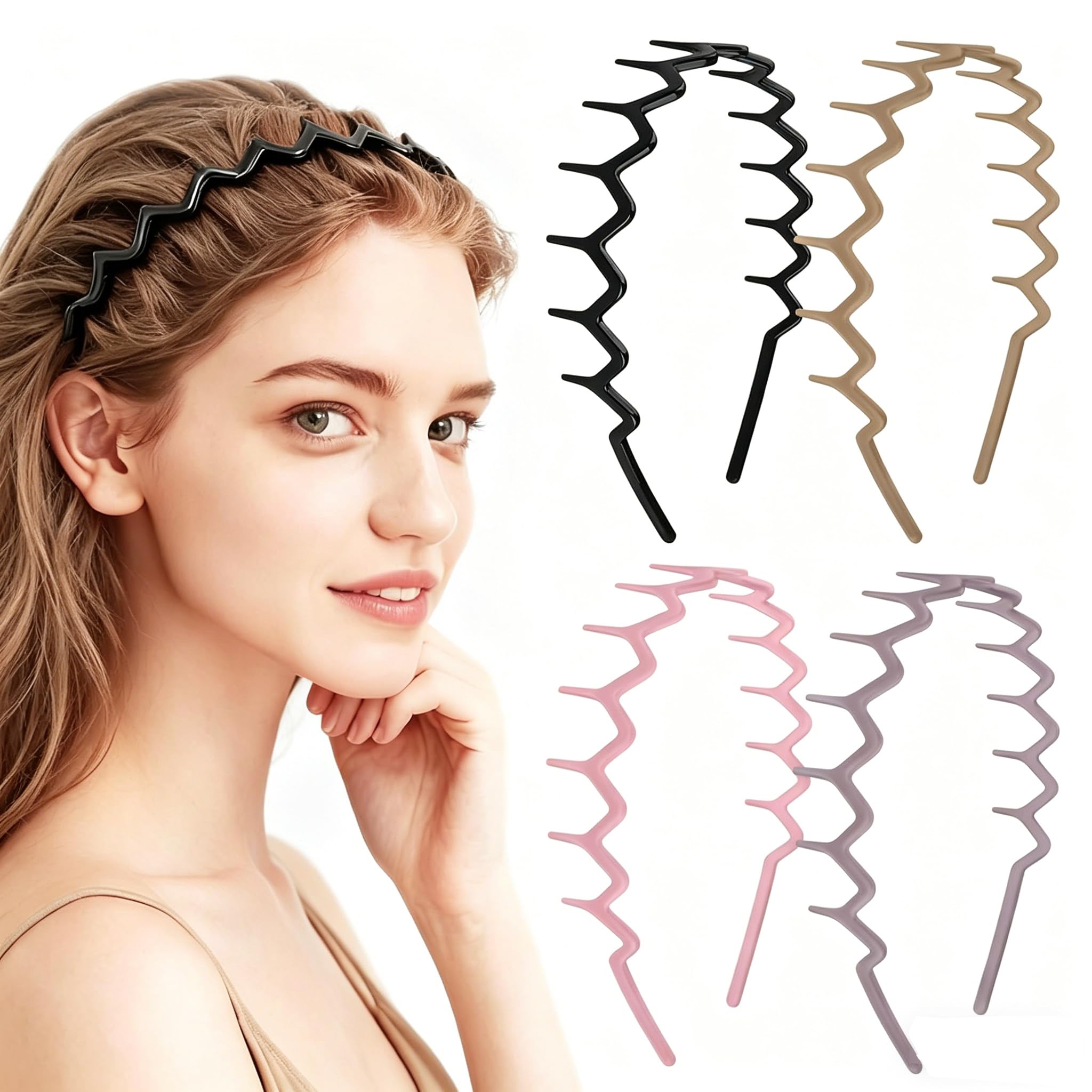 Zig Zag Headbands, 4Pcs Non Slip Comb Headbands for Women - Classic Wavy Claw Headband with Teeth for Men's Women's Fashion Hair Accessories