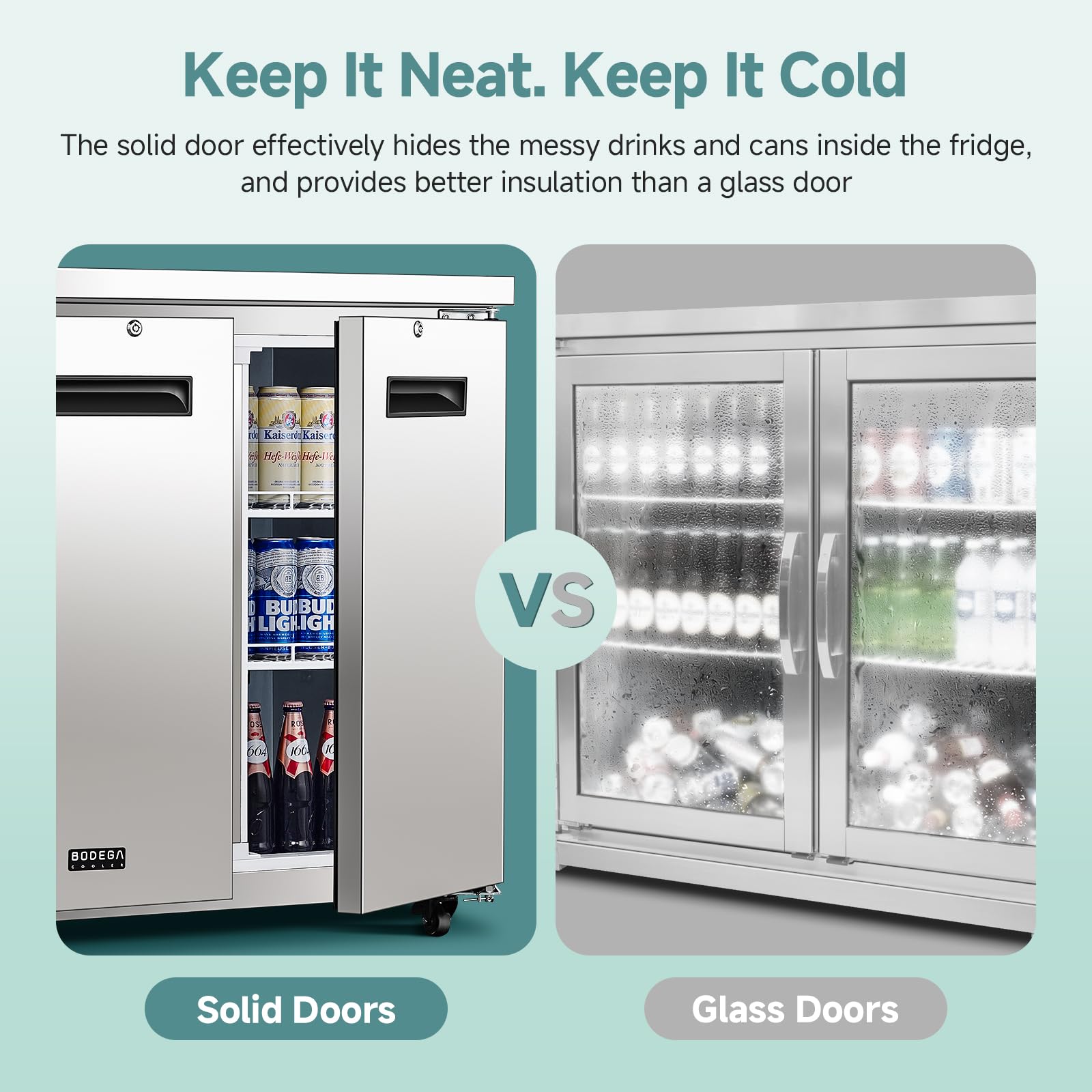 BODEGA Bodegacooler Commercial Back Bar Cooler With 2 Solid Doors,12 Cu.Ft Stainless Steel Commercial Counter Height Bar Refrigerator,Display Drink Beverage Beer Fridge LED Light,Sus304 Top,4 Casters on Fridge.com - View 5