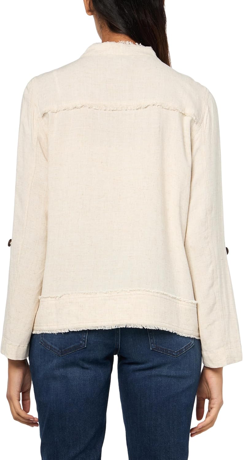 MULTIPLES womens Roll Tab Long Sleeves Drop Shoulder Two-pocket Button Front Fringe Hem Jacket - Image 2