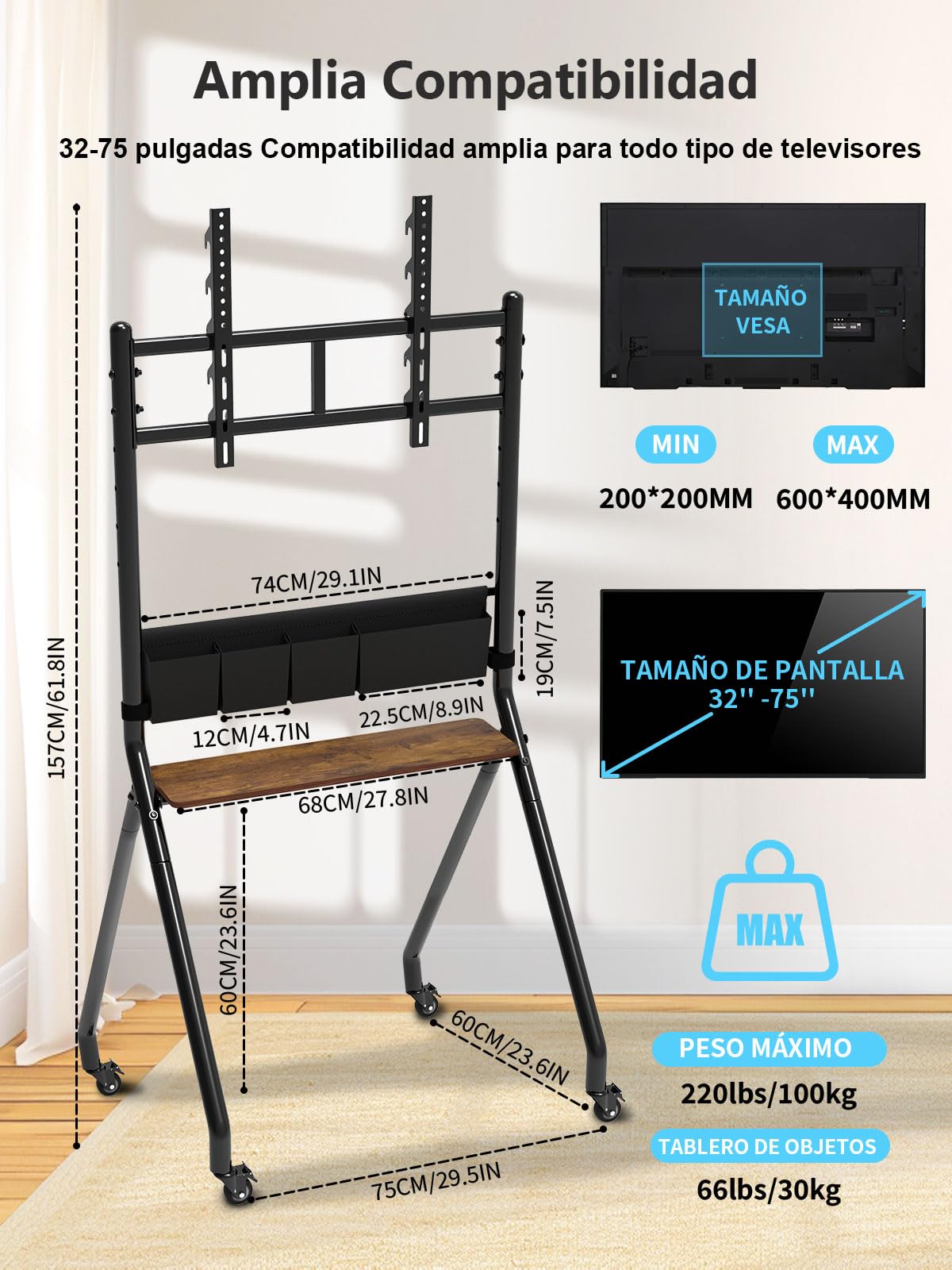 Soporte de TV rodante con Bolsas de Almacenamiento, diseño estético anticolisión, Carrito de TV móvil para Pantallas LCD/LED/OLED Planas/Curvas de 32-75 Pulgadas, soporta hasta 100kg