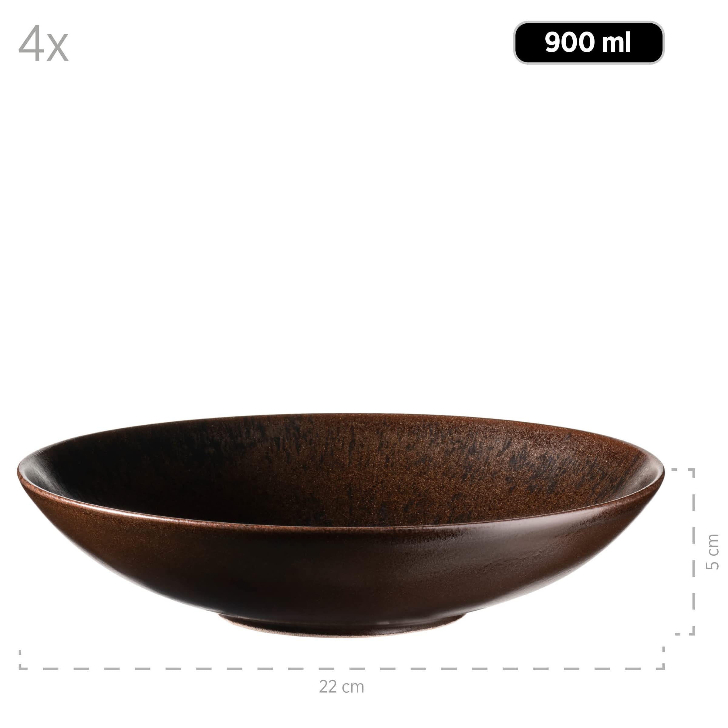MÄSER Vajilla de bronce metálico, 12 piezas para 4 personas con esmalte noble brillante, juego de platos con plato llano, plato hondo y plato de postre de cerámica de alta calidad, gres, color marrón