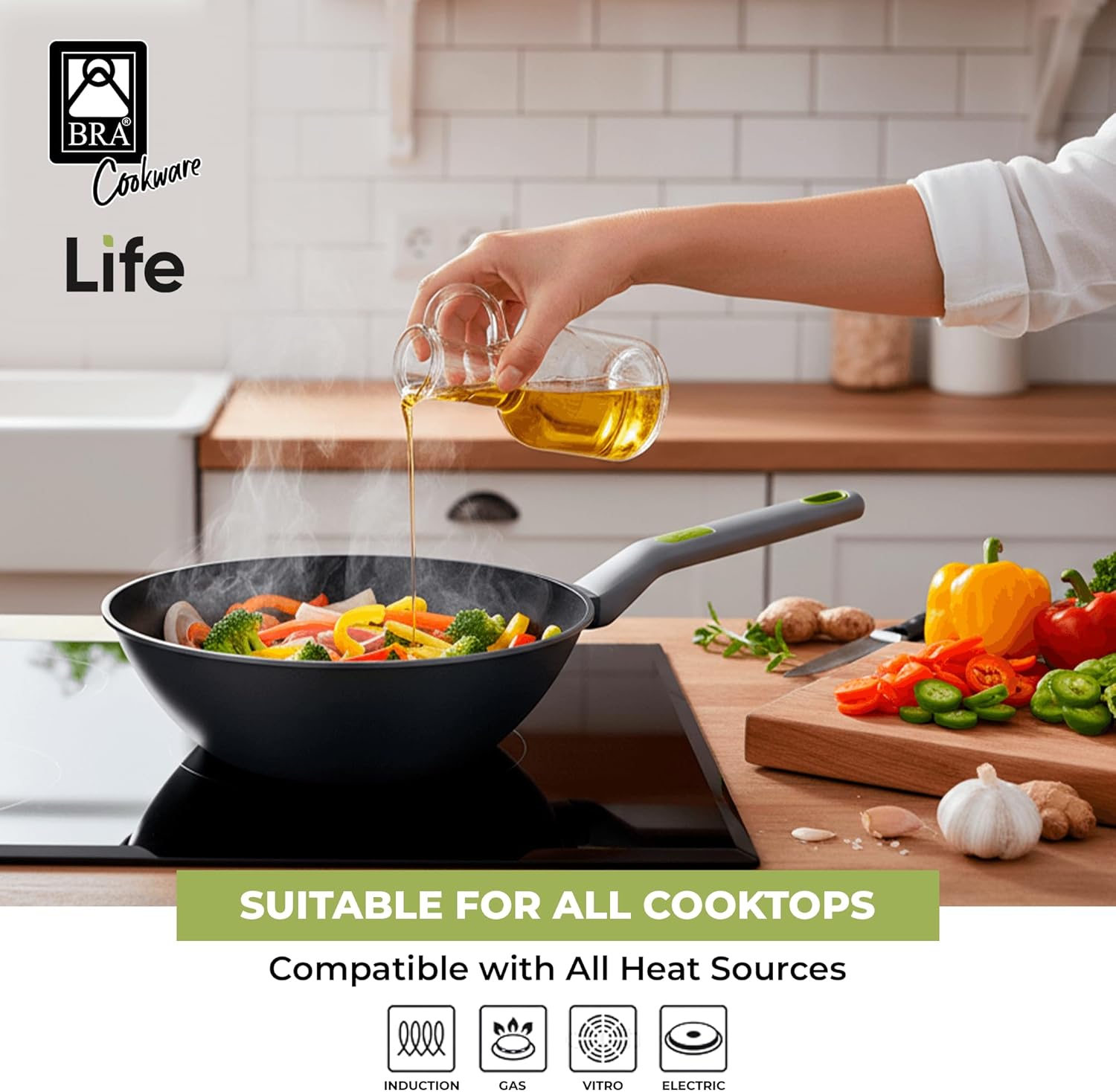 BRA COOKWARE Life Ceramic Nonstick Wok | 11 Inch 6.6 Quart Recycled Aluminum Stir-Fry Skillet | Ceramic Nonstick Deep Fry Pan | PFOA Free Asian Cooking Skillet | All Cooktops Flat Bottom Wok - Image 4