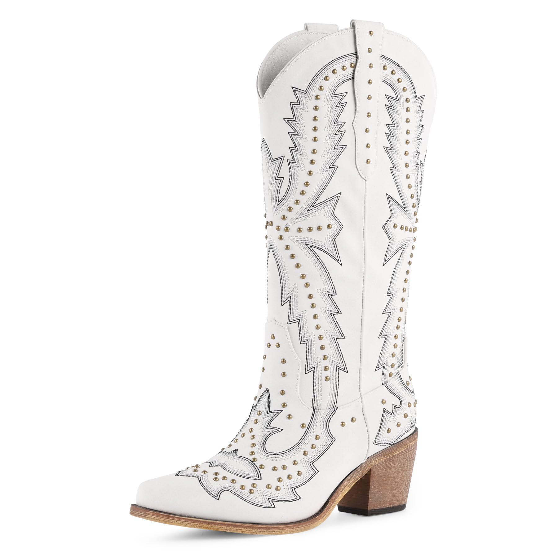 FancyQueen Cowgirl Boots for Women Western Chunky Heel Knee High Pointed Toe Cowboy Boots Vintage Embroidered Comfortable Boots