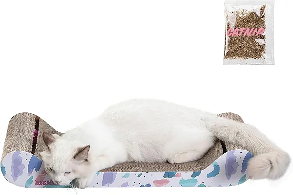 THE LICKER STORE CSR1003A Rini 23.75" Modern Cardboard Lounge Bed Cat Scratcher with Built-in Bell Toys and Catnip, White/Multi