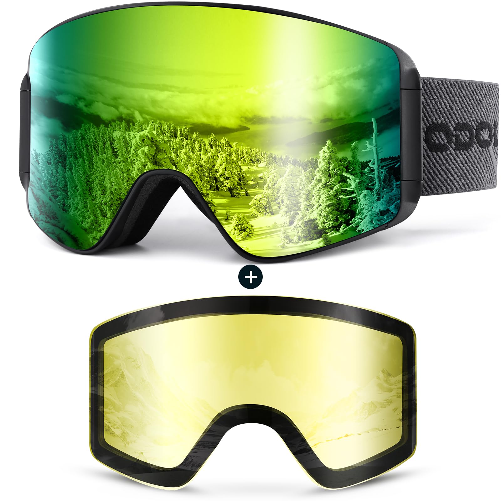 Odoland Kit di Maschera da sci con Lente Rimovibile, Lenti Intercambiabili Magnetico Senza Cornice, Occhiali da Sci Anti-nebbia con Protezione UV400, per Uomini e Donne, Compatibile con Casco