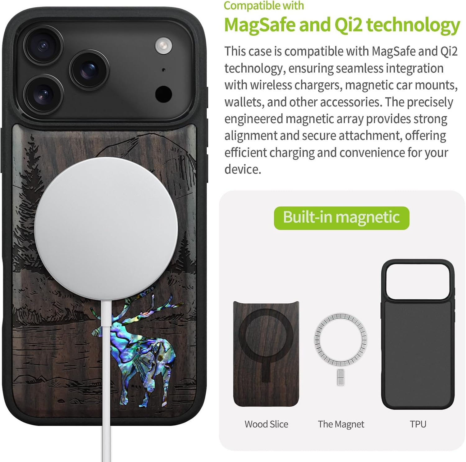 Carveit Magnetic Case for iPhone 17 Pro Max Case, Wood Artisan Engraved & Handmade Shell Inlaid, TPU Shockproof Cover, Compatible with MagSafe Wireless Chargers (Forest Deer-Blackwood)