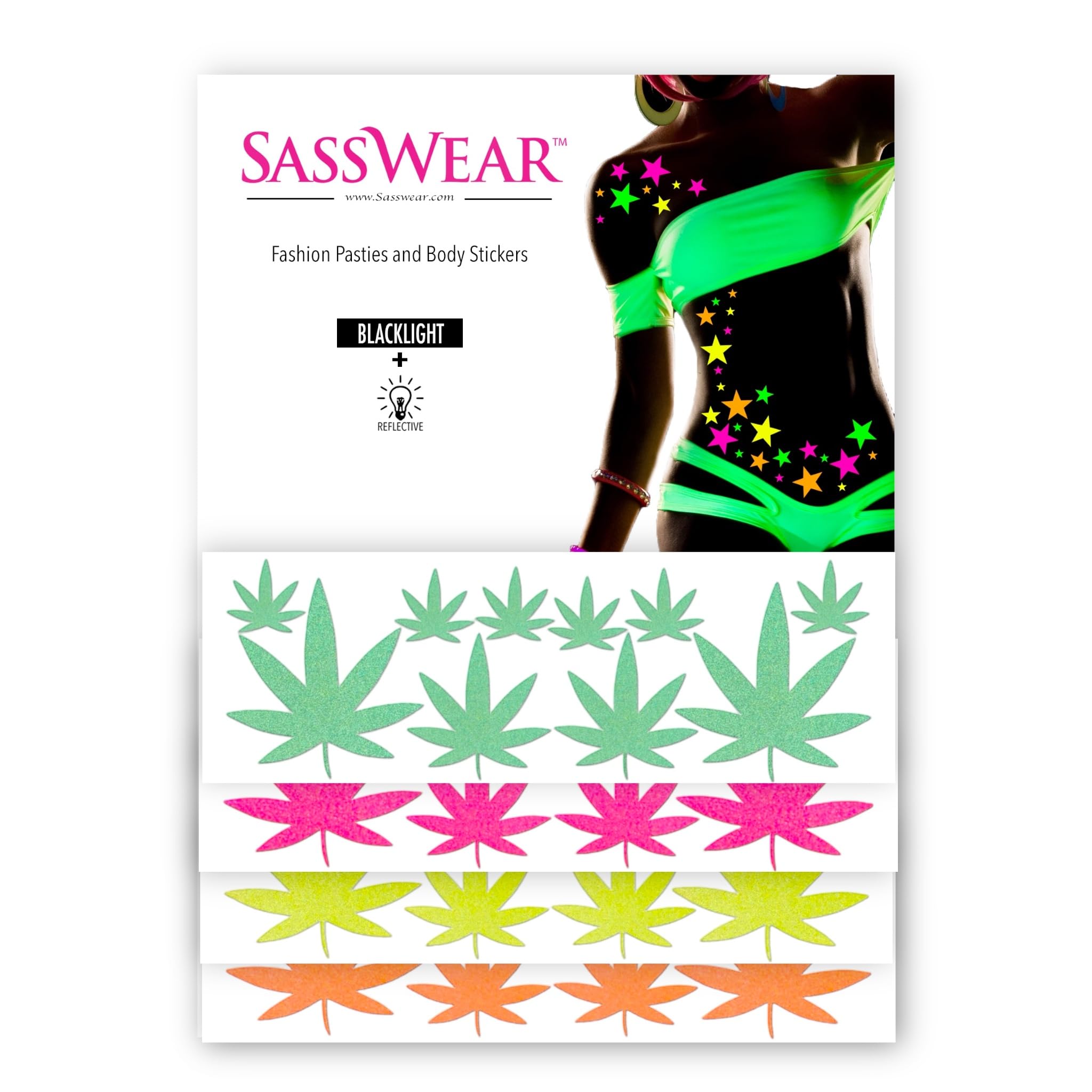 Sasswear Blacklight Body Stickers - Neon Fashion Accessories for Raves, Festivals and Glow Parties, 40/pk (Leaf)