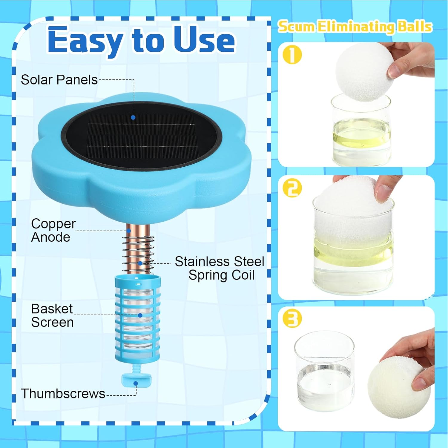 Solar Pool Ionizer Cleaner Automatic Floating Water Purifier Upgraded Copper Pool Ionizer with 4 Pcs Scum Eliminating Ball, Up to 45, 000 Gallons, for Above Ground, In-Ground Pools, Spas