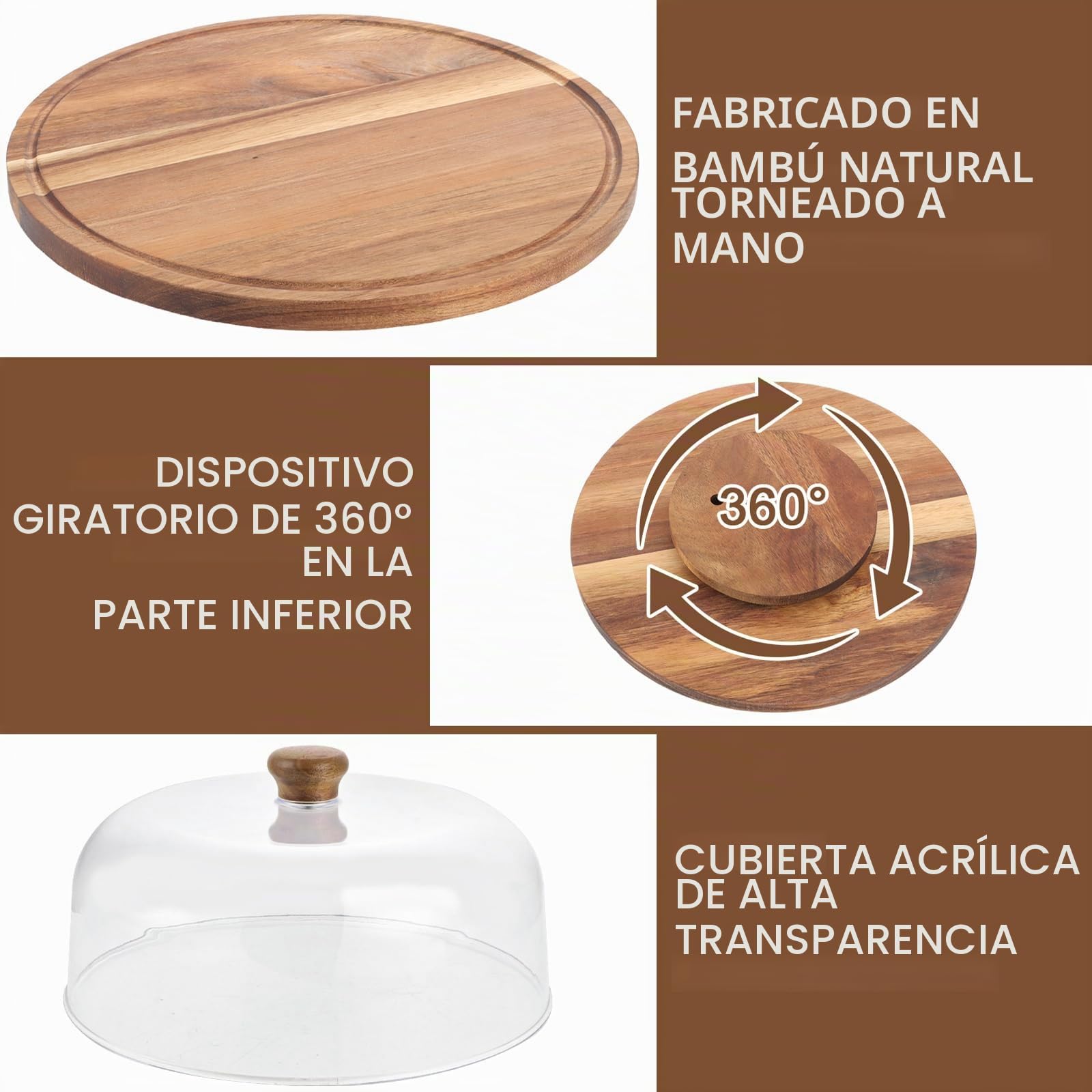 Plato Giratorio para Tartas de Madera de Acacia 29,5 cm con Tapa Transparente, Soporte Tarta y Soporte para Tartas, Porta Postres para Fiestas y Mesa Dulce