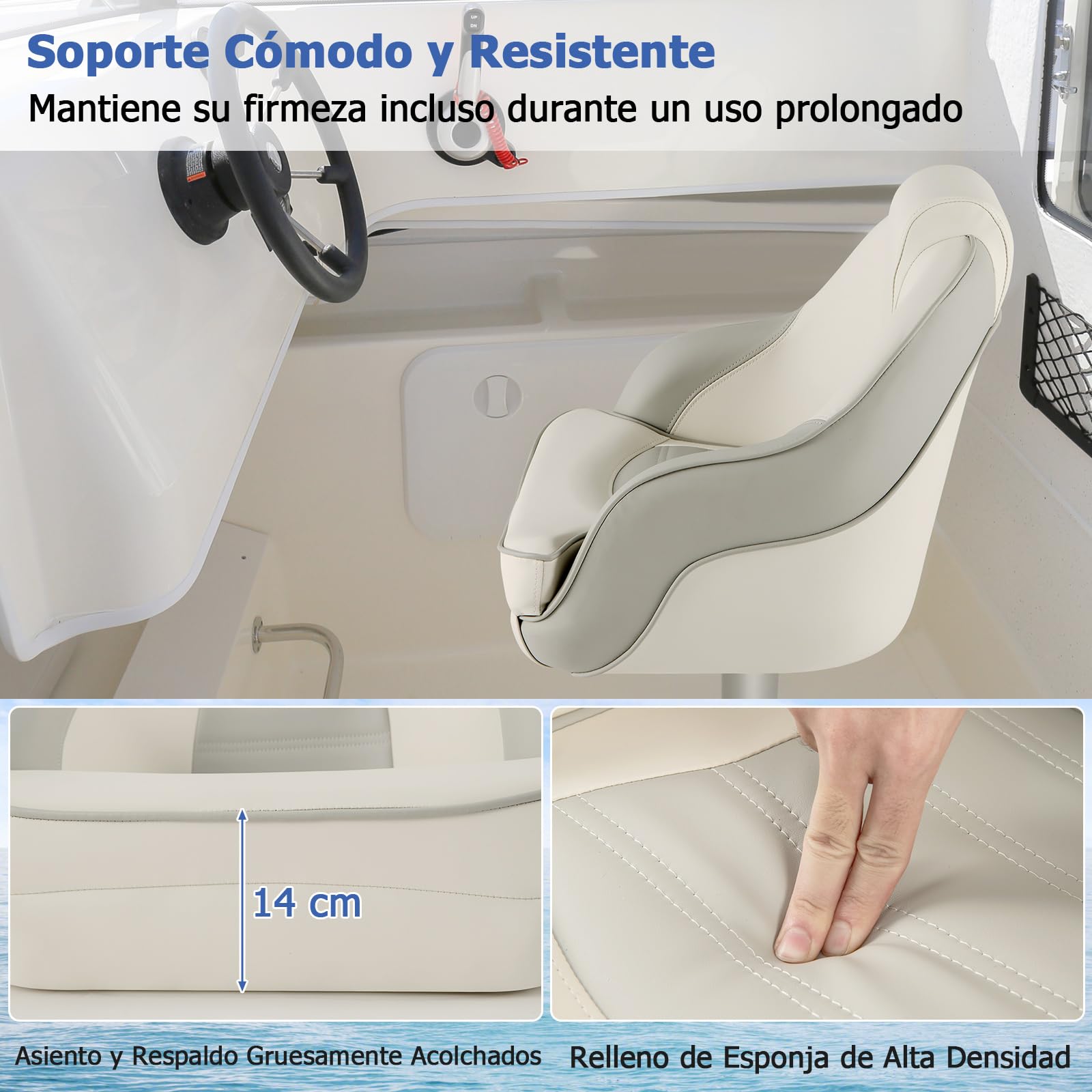 COSTWAY Asiento para Capitán, Asiento para Barco Pontón con Cuero de PVC Impermeable, Acolchado de Esponja Gruesa, Respaldo Alto de 42,5 Cm, Reposabrazos Curvo, Pernos