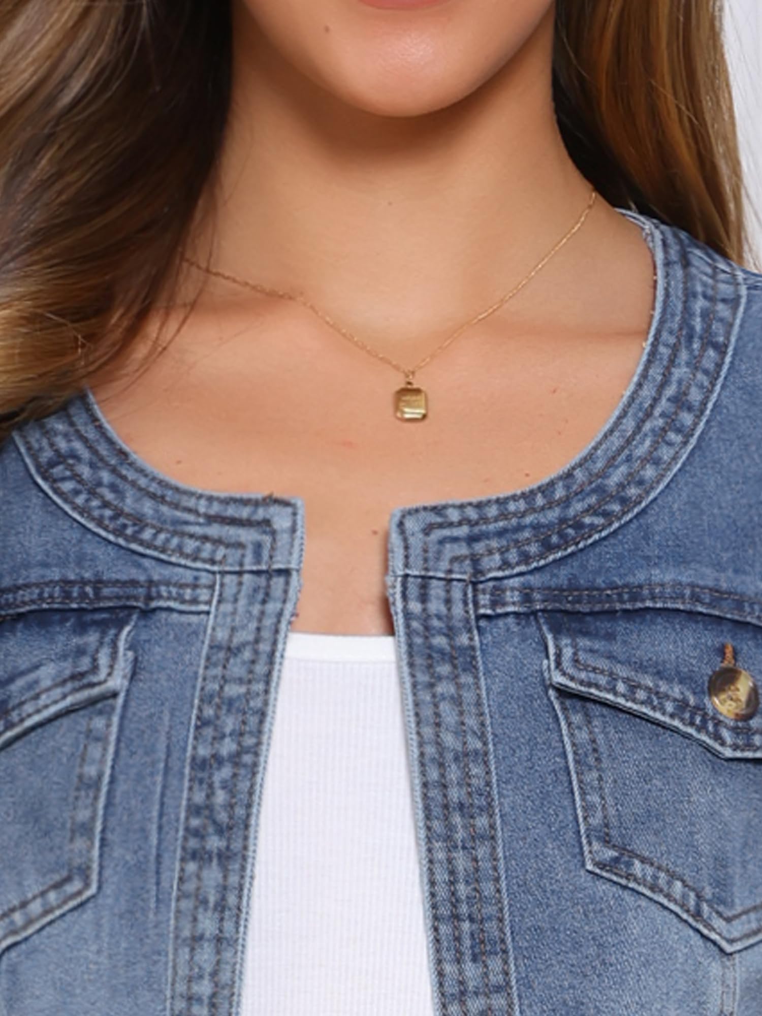Allegra K Veste en Jean pour Femme Sans Col à Manches 3/4 Devant Ouvert Blouson en Demin Délavé