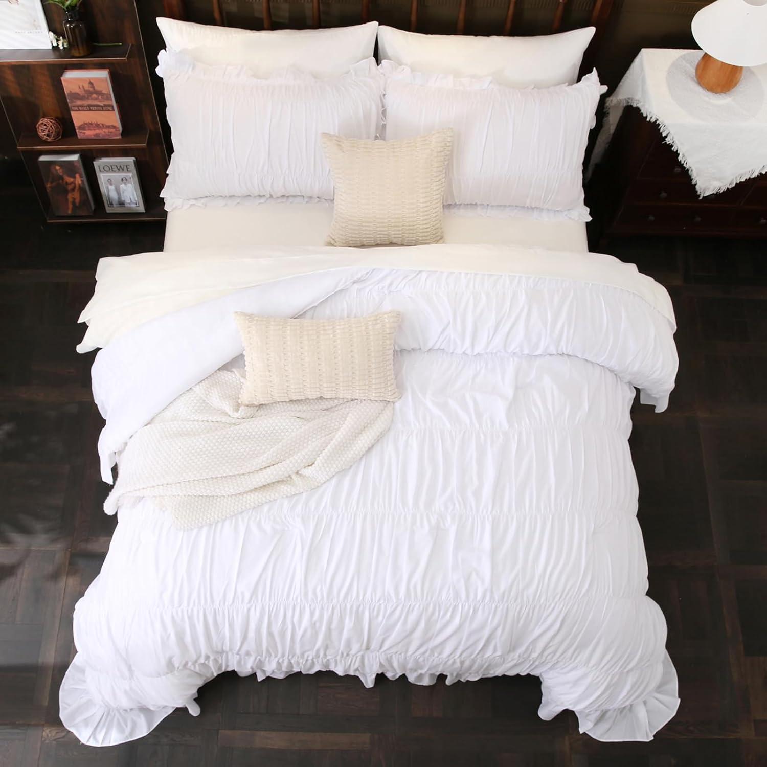 Herside White Ruffle Comforter Set Queen Size 9-Piece Bed-in-a-Bag,Ruched Boho Bedding for Bedroom,Luxury Bedding Set with Sheet,Shabby Chic Quilt Set Soft and Fluffy Vintage Comforter for All-Season - Image 5