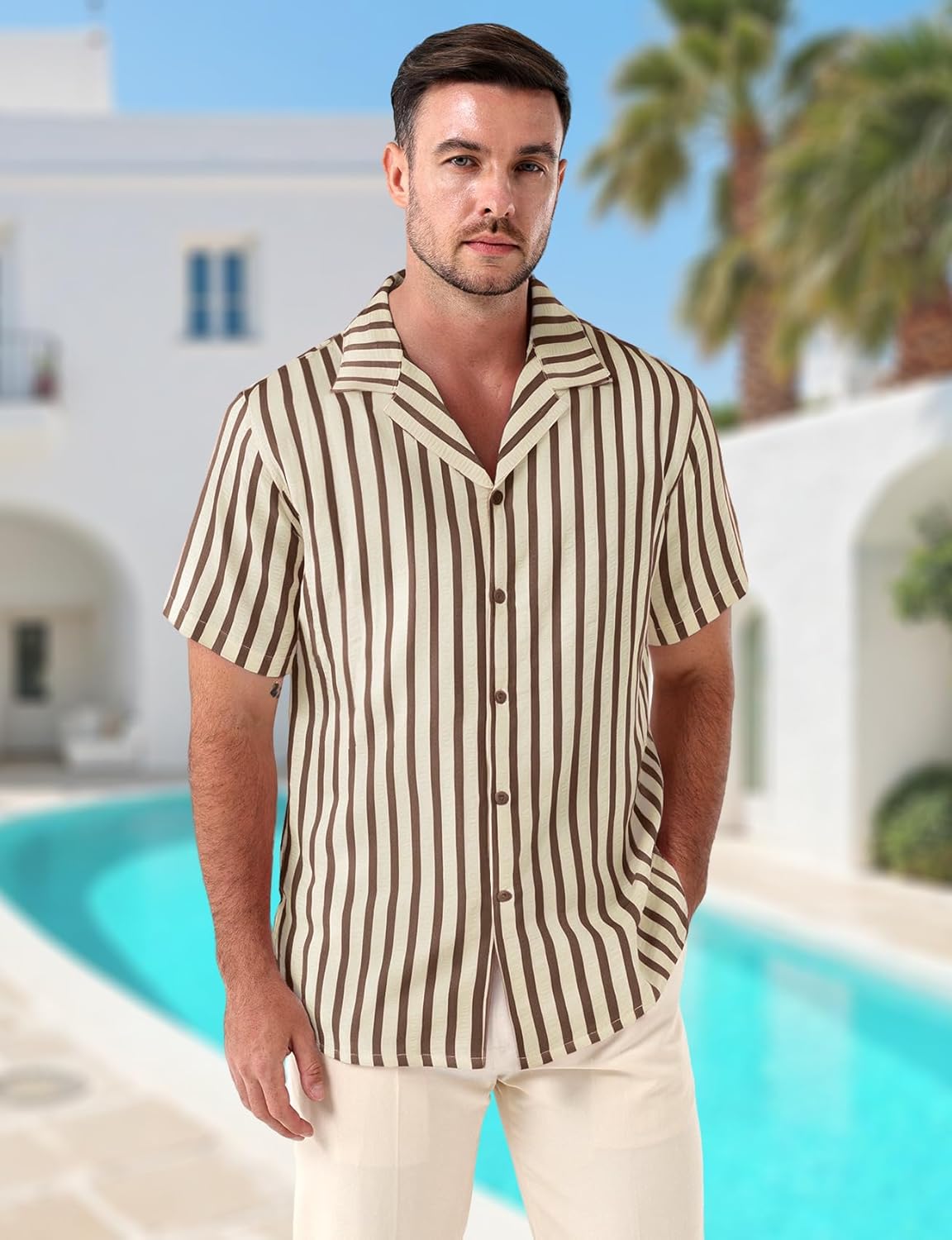 JEMITOP Men's Classic Striped Seersucker Cuban Collar Shirt Short Sleeve Button Down Texture Shirts for Beach Vacation - Image 3