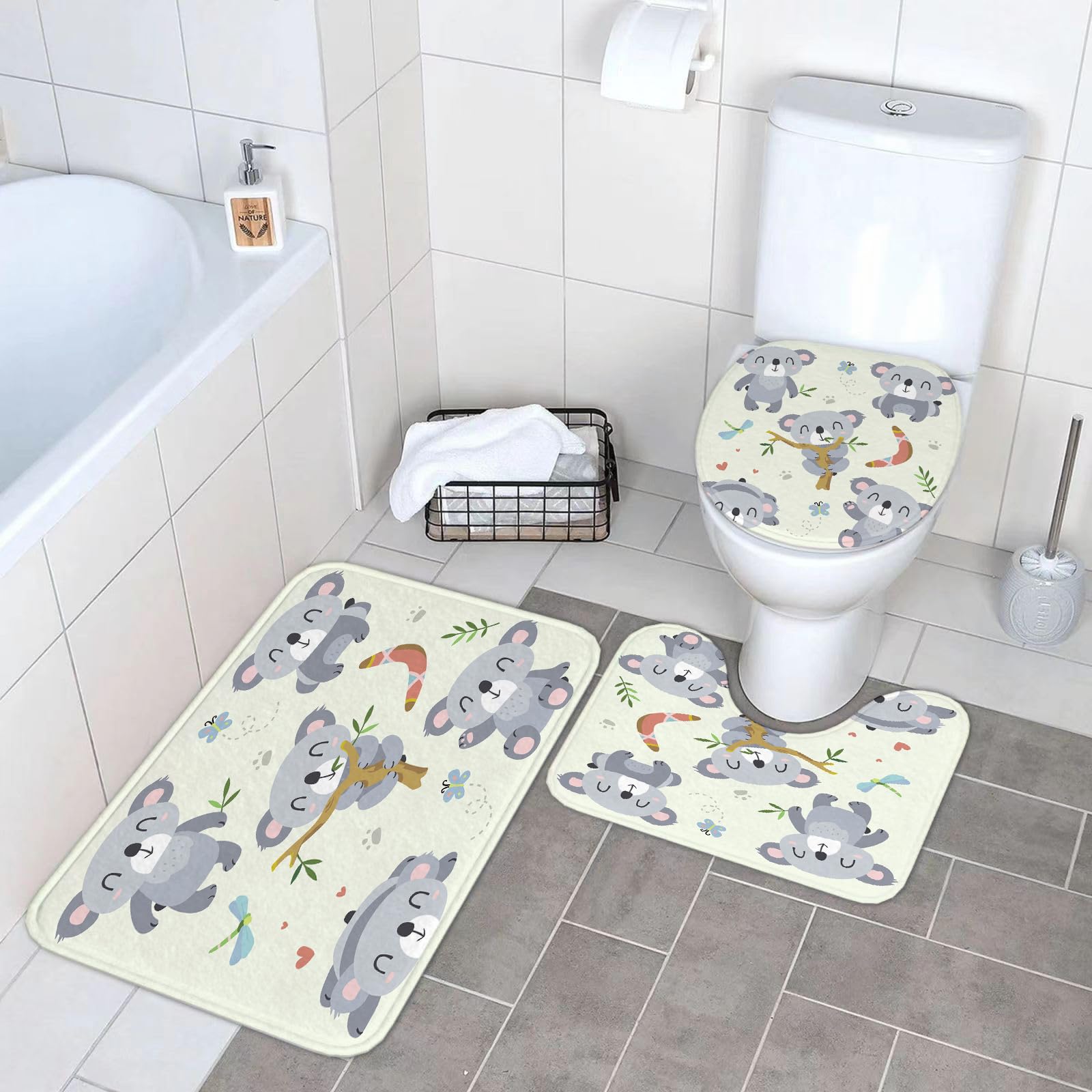 Set di 3 tappetini da Bagno, Lavabili in Lavatrice e Antiscivolo, in Morbida Fibra Superfine, con Motivo Koala vettoriale.