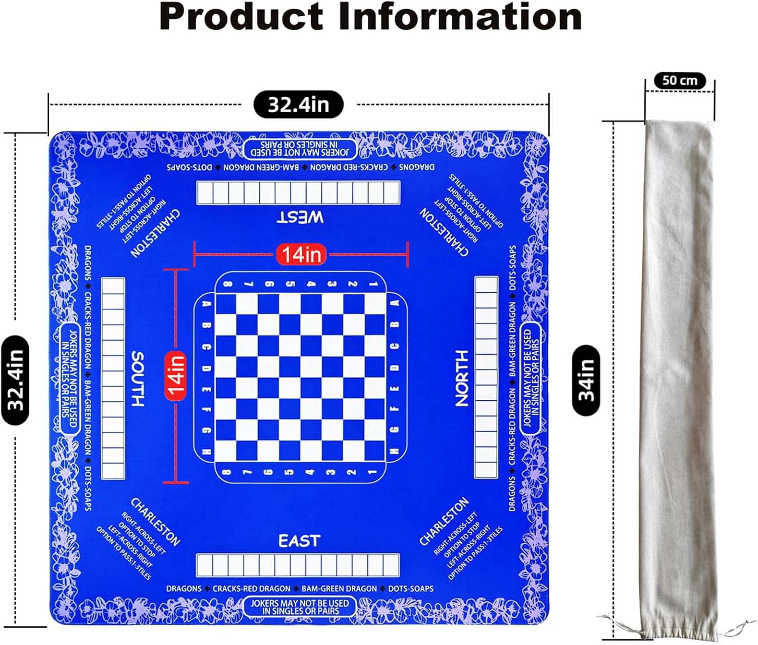 Mahjong Mat for Table with Rules & Instructions Matt Non-Slip Rubber,Travel American 32.4"x32.4" Plaid Neopren, Includes 3 Dice & Carry Bag (Blue)