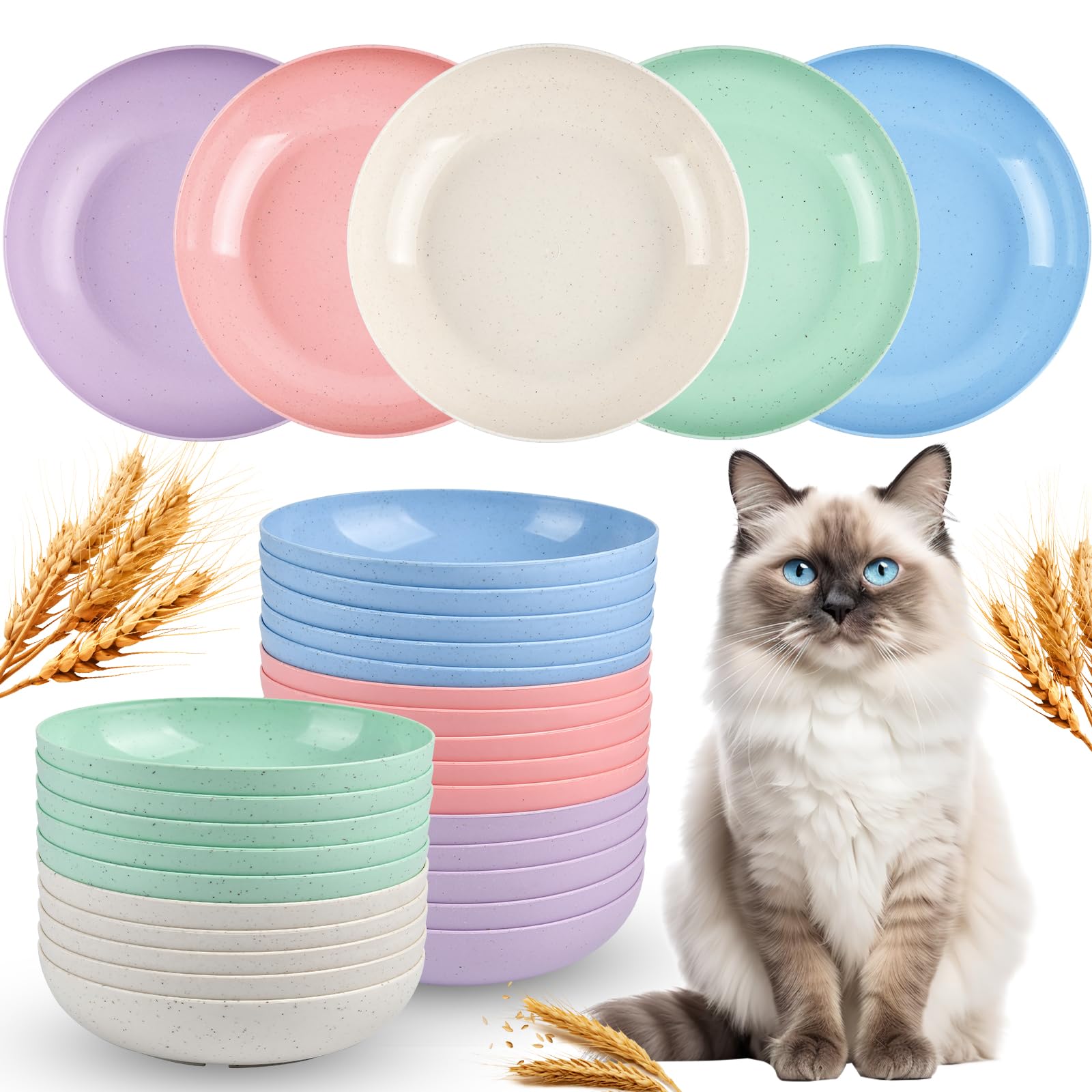 Aemygo 25 Pcs Whisker Fatigue Relief Cat Bowl Set - 5.5 Inch Shallow Food Dish, Wide Bowl for Small Pets, Wet Feeding Plate for Feral Kittens, Short Legged Cats - Wheat Straw