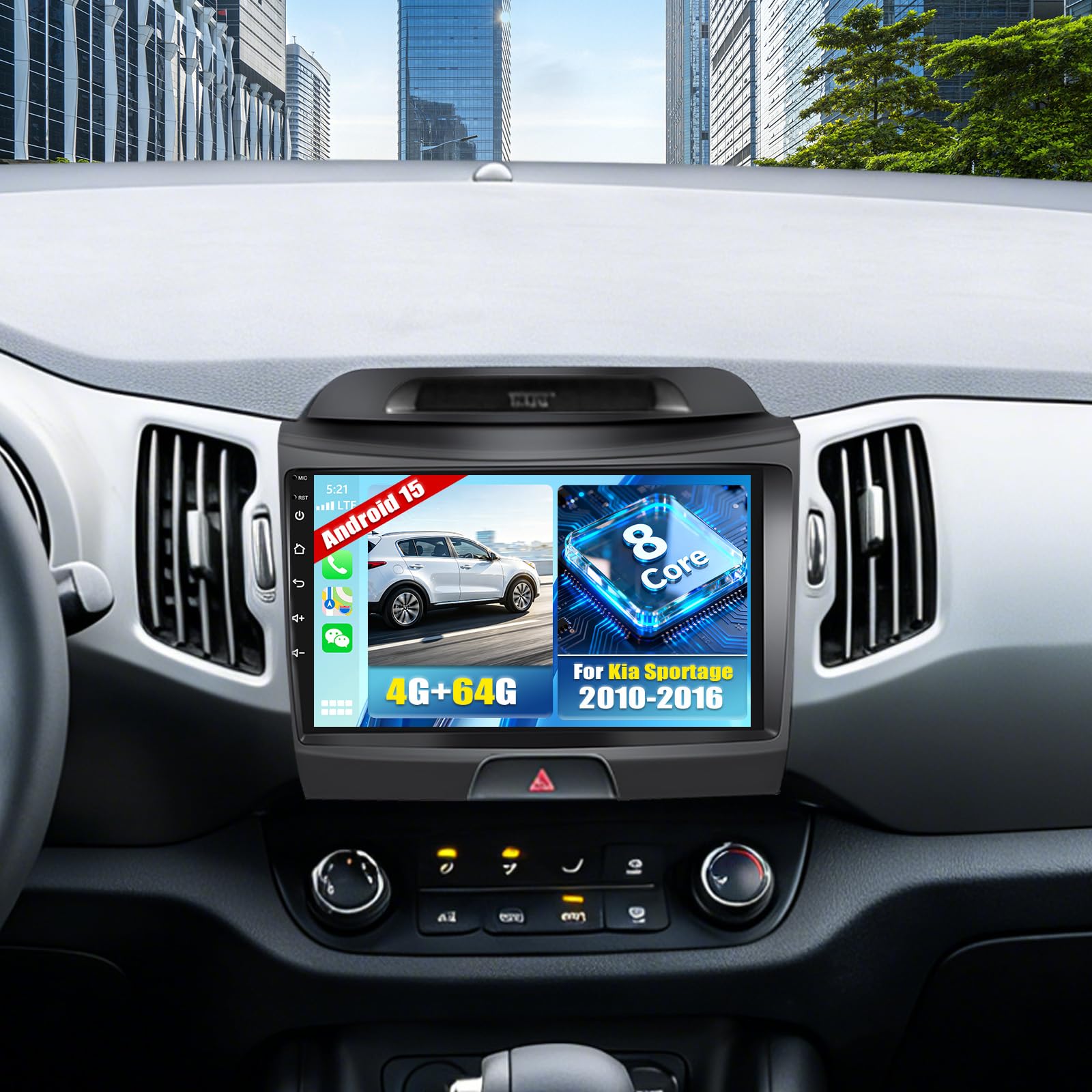 CAMECHO 8-rdzeniowy odtwarzacz samochodowy z Androidem 15 4+64 GB do Kia Sportage III (2010–2016) z CarPlay DSP nawigacją GPS ekranem dotykowym 9″ Bluetooth WiFi FM/RDS 32EQ MirrorLink