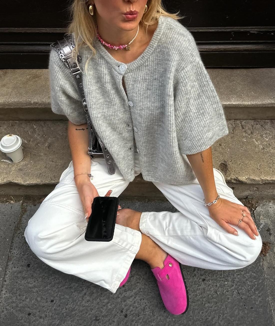 KMBANGI Women Knitted Cropped Blouse Short Sleeve Button Knit Shirt Crop Cardigan Y2k Open Front Knitwear Tops Dressy - Image 2