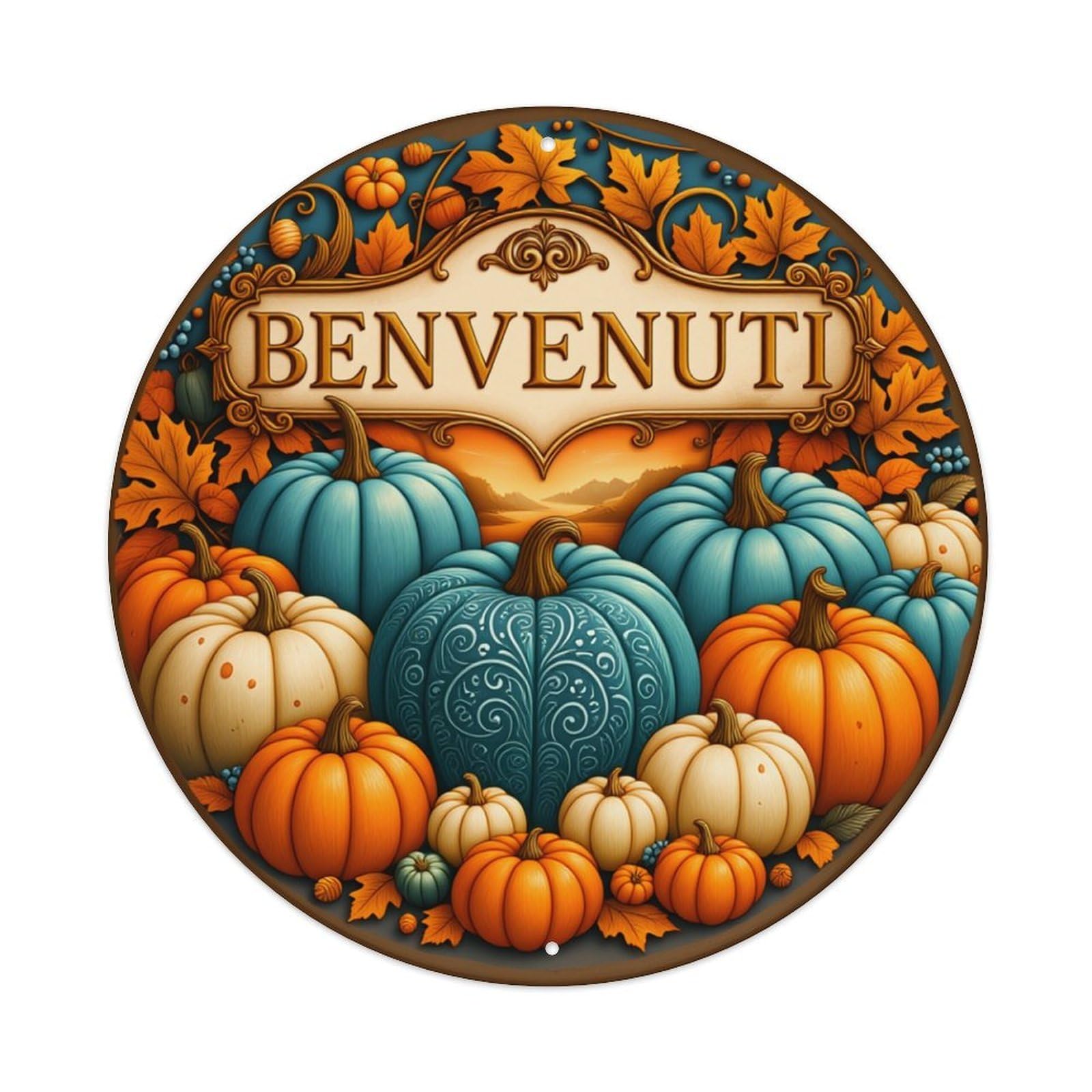 Autumn Pumpkins Leaves Welcome Sign Vintage Metal Tin Sign Retro Wall Decor for Home Bar Garage Cafe, Indoor & Outdoor Decorative，circle Metal Poster, 8x8 Inch