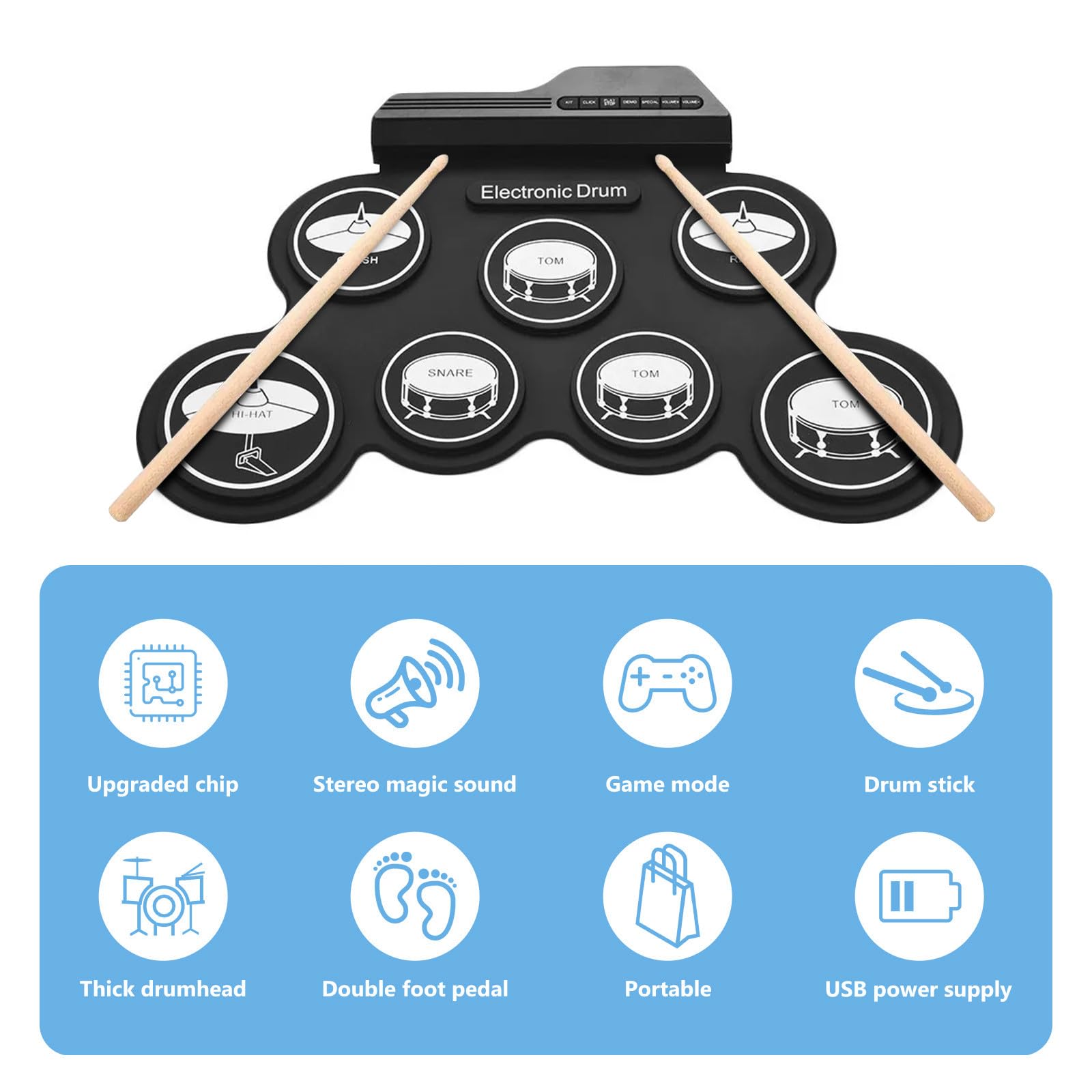 Toyvian Juego de Batería Electrónica Portátil Enrollable para Principiantes Pads de Silicona y Abs, Ligera y Silenciosa para Práctica en Casa