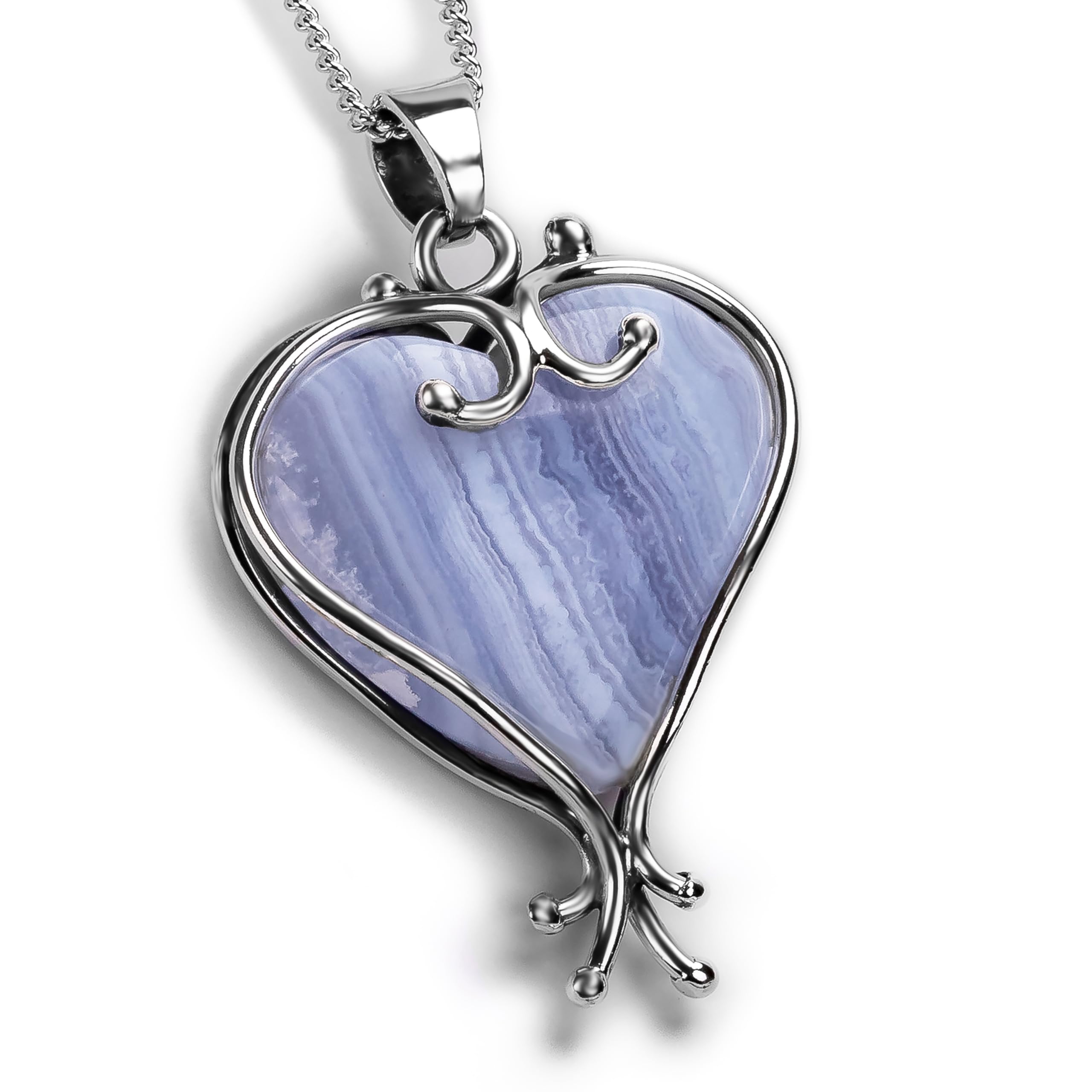 HENRYKA Hand-Crafted Heart Necklace in Solid 925 Sterling Silver and natural Blue Lace Agate | Hand-made Jewellery | Statement Necklace
