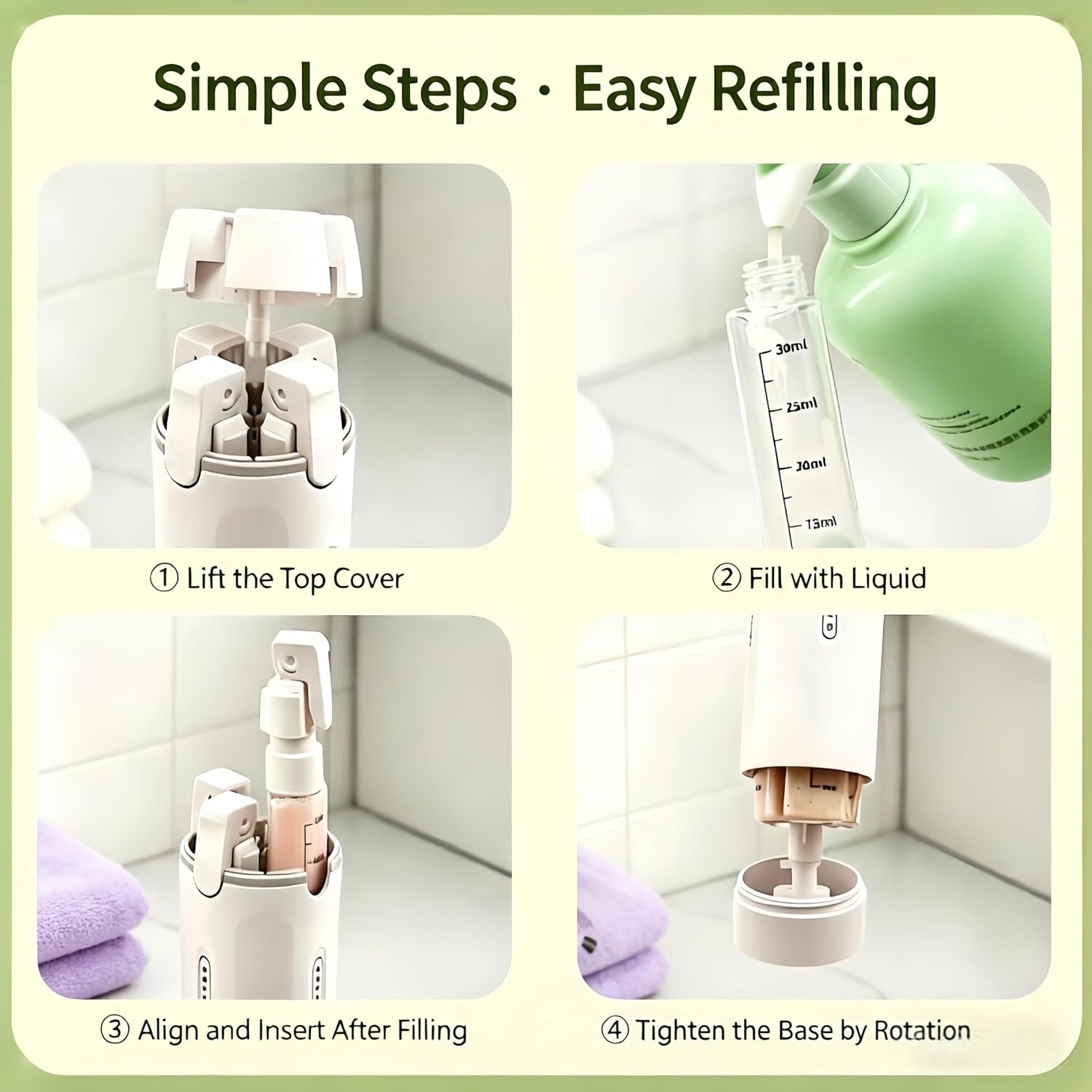 4 in 1 Travel Dispenser, 4 Pack 30ML Travel Bottles for Toiletries, Leak Proof Travel Size Containers, Portable Containers for Shampoo Lotion Conditioner Cream（White）