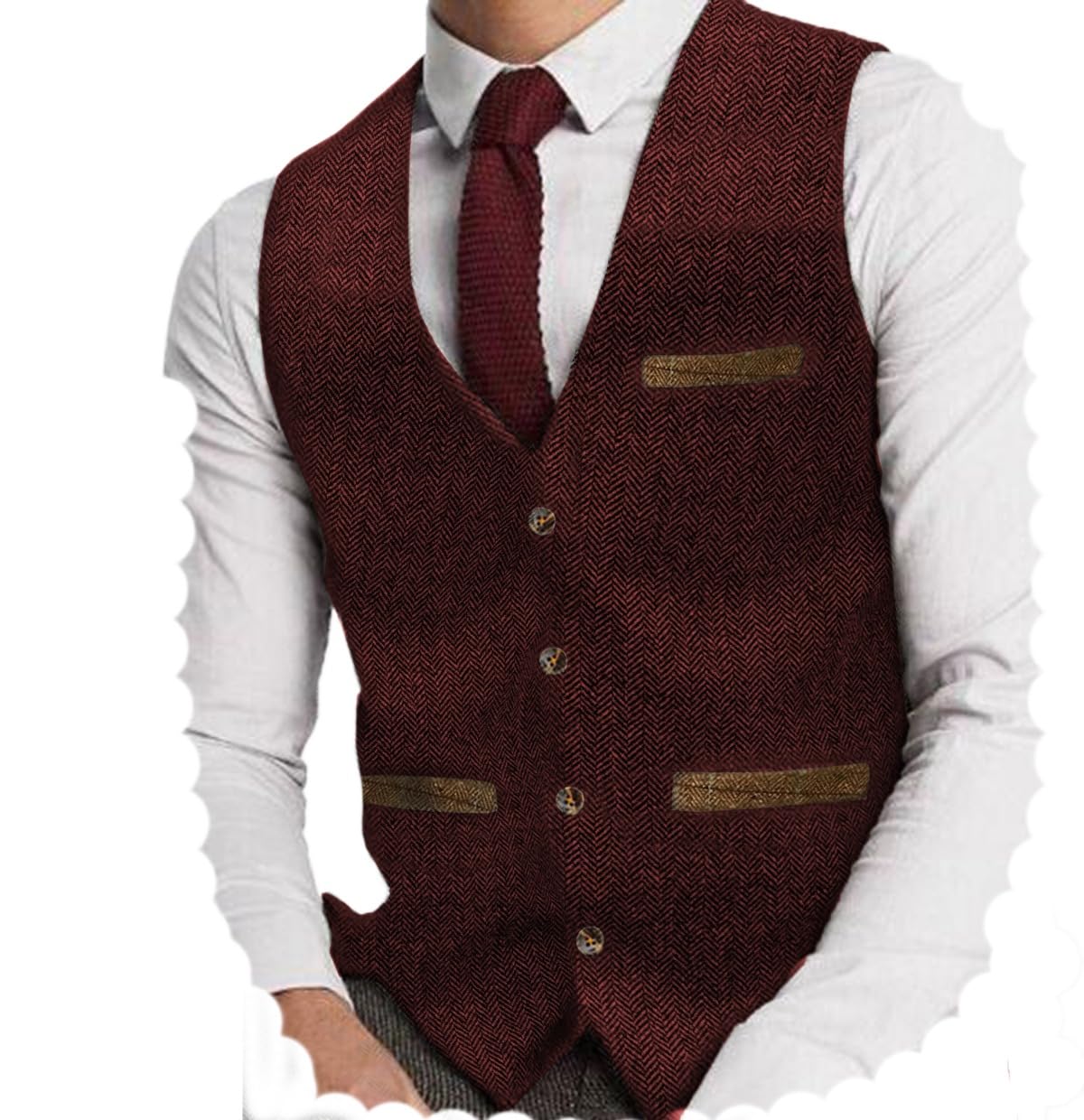 Yiaisafa Mens Hunting Vests Tweed Waistcoats Retro Herringbone Vintage Lined Wool Wedding Groomsman Lined Business S-3XL(Burgundy,XXXL)