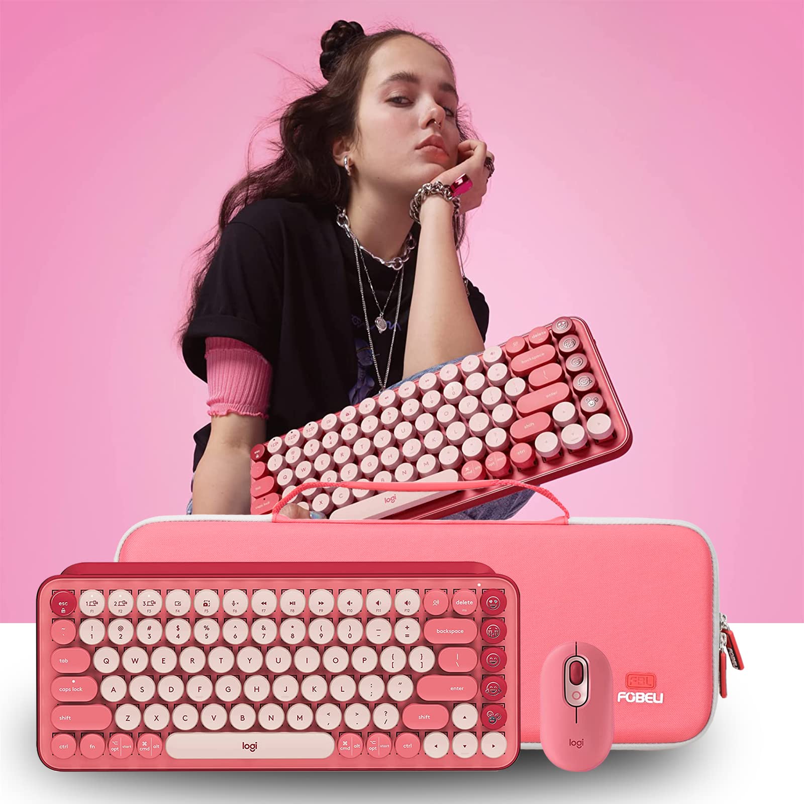 FBLFOBELI - Funda rígida de EVA compatible con teclado inalámbrico mecánico y mouse inalámbrico POP de Logitech POP, Rosado, Moderno