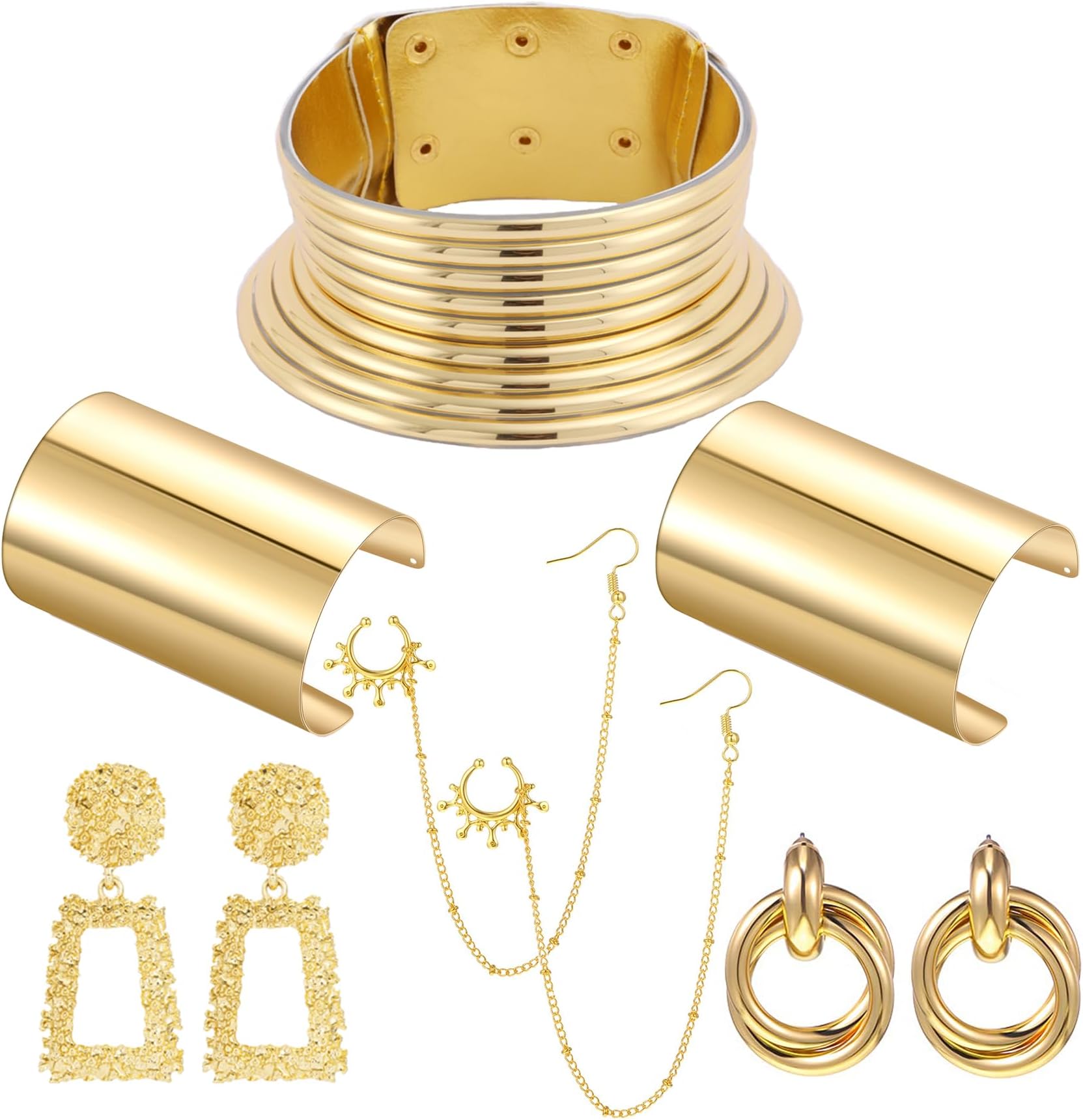 MOZAKA9 Pcs African National Jewelry for Women Vintage Statement Choker Resin Snap Necklaces Bangle Jewelry Nose Rings Hoop Chain Earrings Sets