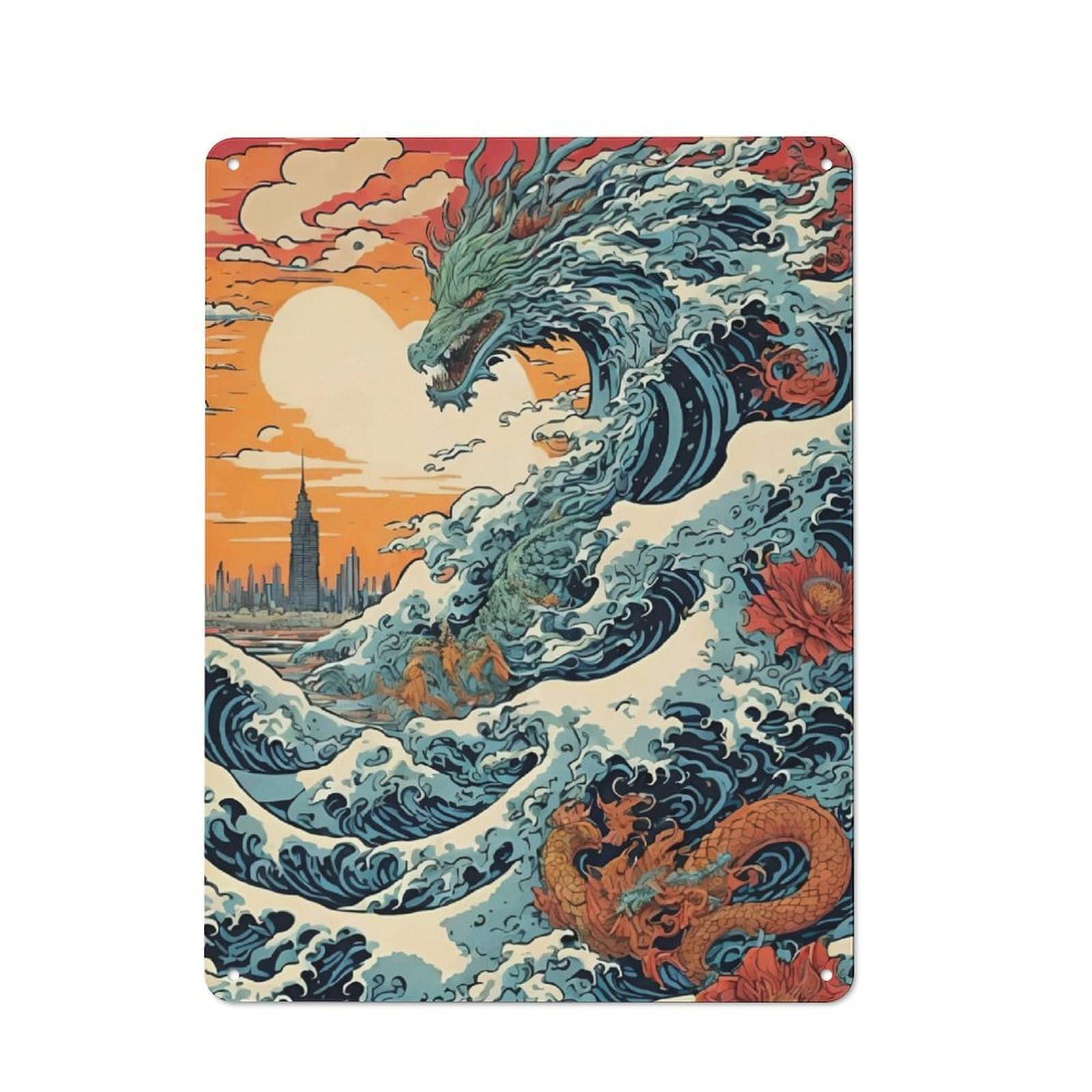 Junmoney Dragon Wave Japan Shop Front Style Cafe Metal Sign 40X30cm, Bistro Wall Plaque For Tea Room, Shop Wall Or Breakfast Area