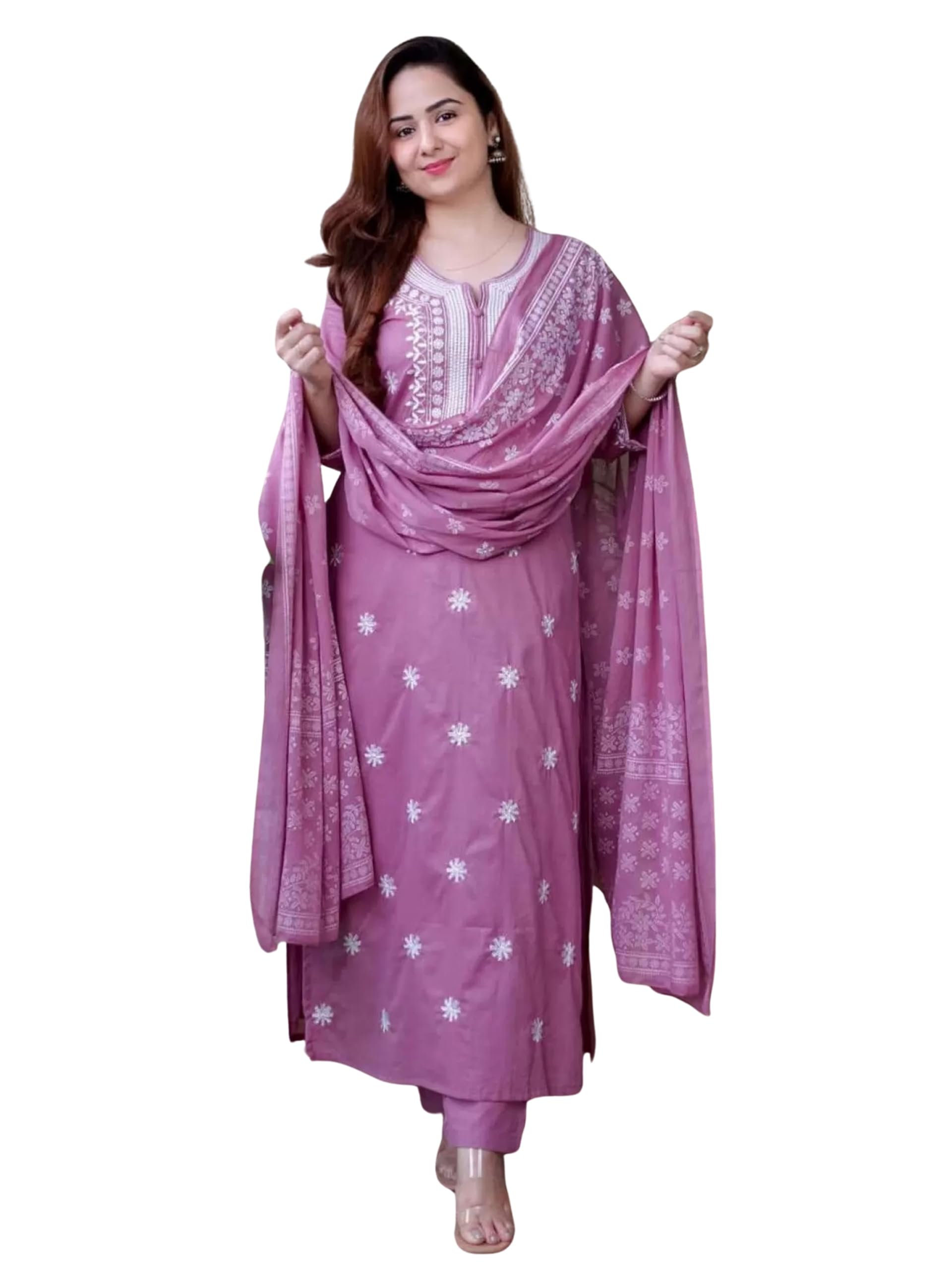 dream royal Women's Cotton Blend Embroidered Kurta Pant Ensemble with Matching Dupatta - Ethnic Festive Suit Featuring Floral Threadwork Yoke and Elegant Notched Neckline-picture-15
