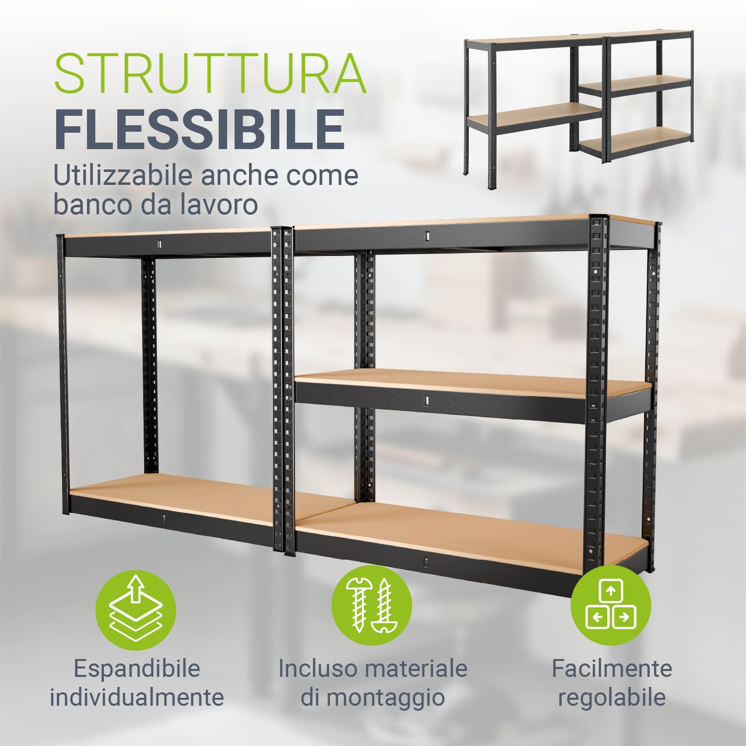 Juskys Set 2 scaffali Basic 2X 180x90x40 cm (AxLxP) | 1750 kg | 10 ripiani | struttura a incastro per officina, garage, cantina – metallo zincato - Grigio