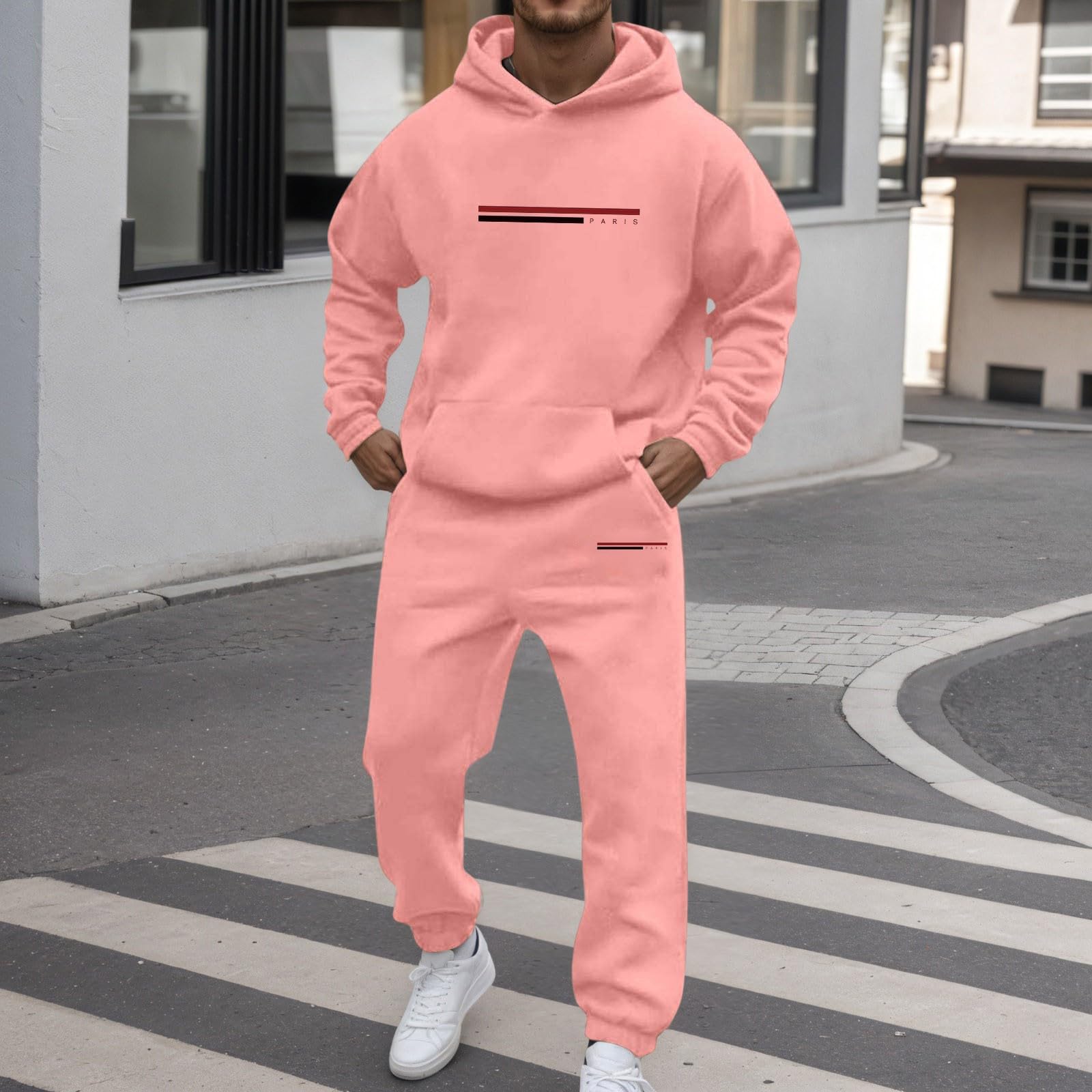 Générique Męski zestaw do joggingu 2 sztuki bluza z kapturem dół do biegania polar zimowy ciepły sportowy strój z długim rękawem kieszenie miękka wygodna casualowa sportowa A41, Różowy, XXL
