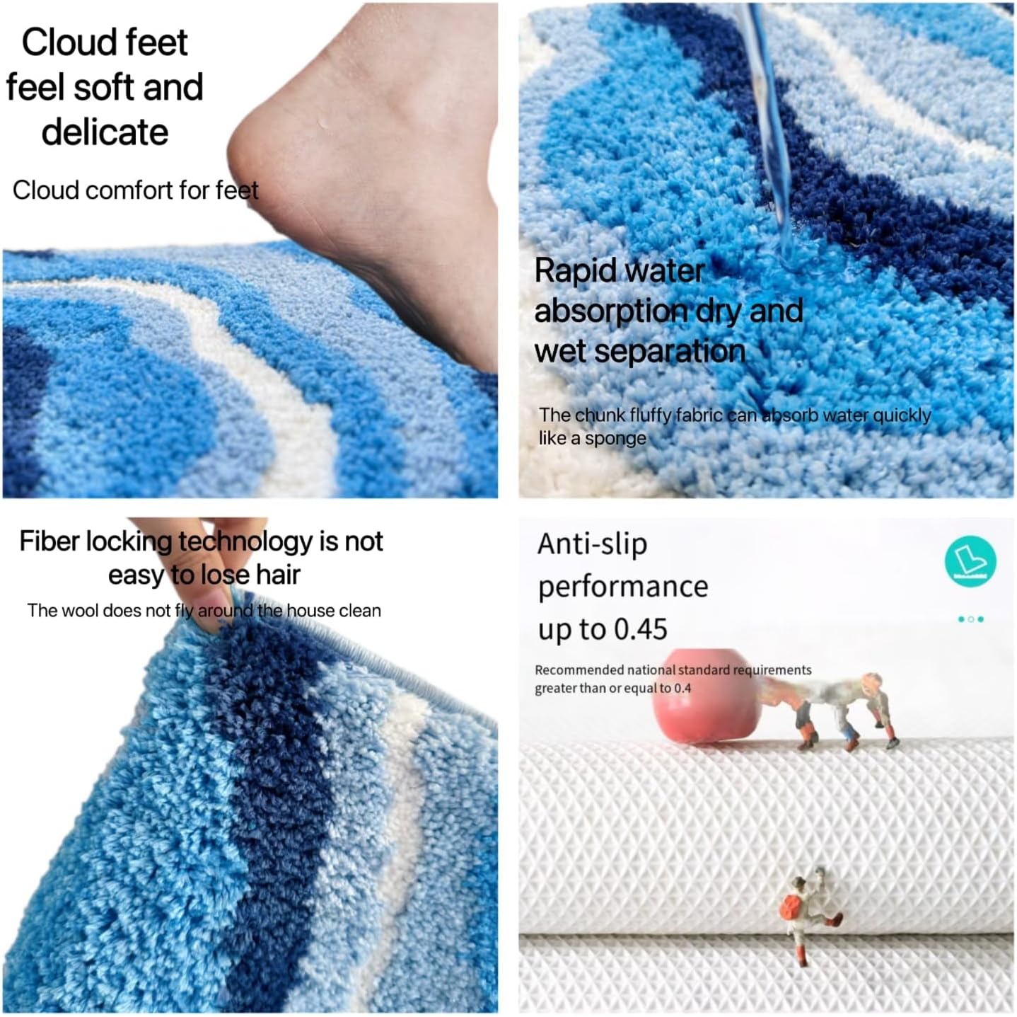 Cute Blue Bath Mat - Soft Fluffy Ultra-Absorbent Non Slip Washable Bath Mat for Floor Tub & Shower, 24x16inch - Image 3