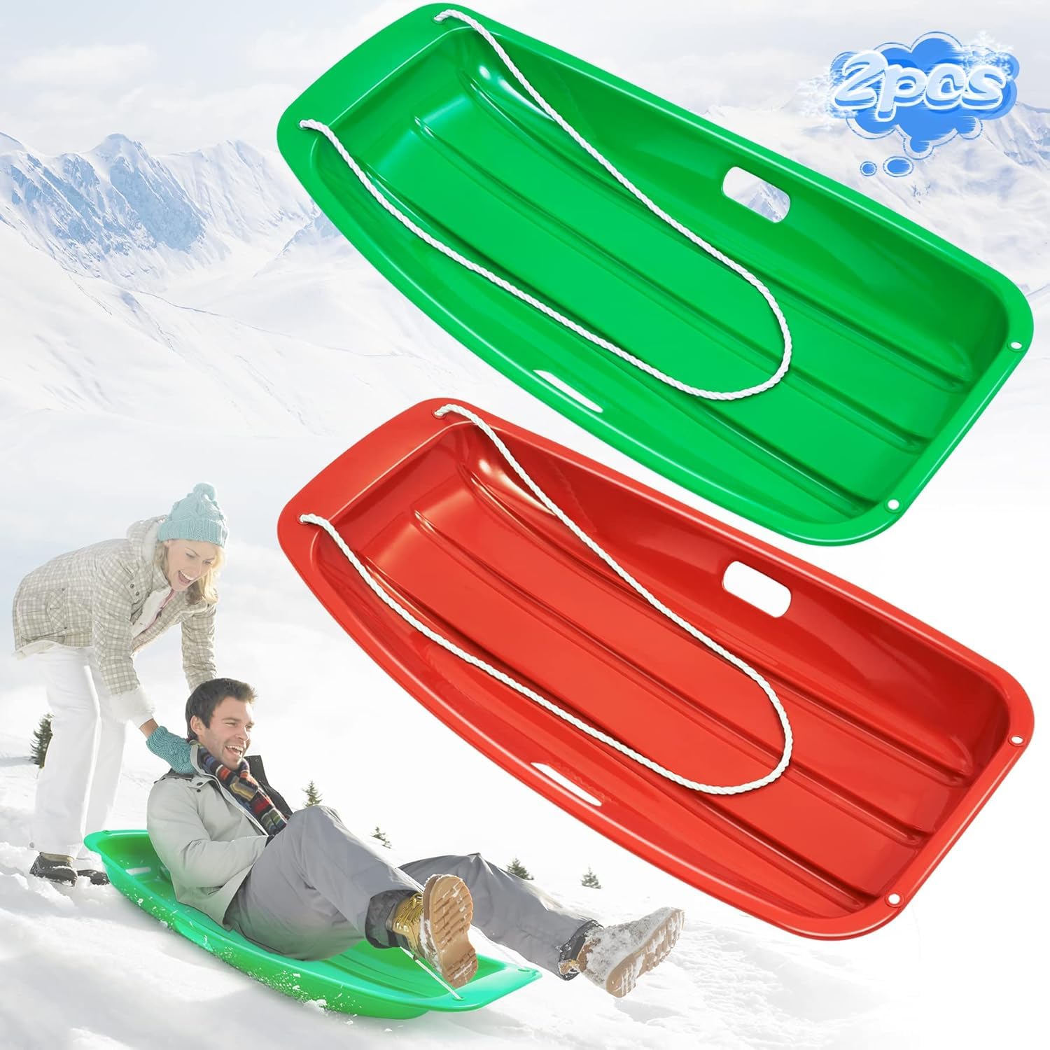 Popolic 2 Pcs Snow Sledge Heavy Duty Snow Sled - 400 LB Load Capacity Skiing Board Durable Toboggan with Pull Rope Adult and Kids Skis Green & Red Snow Skateboard for Outdoor Snow