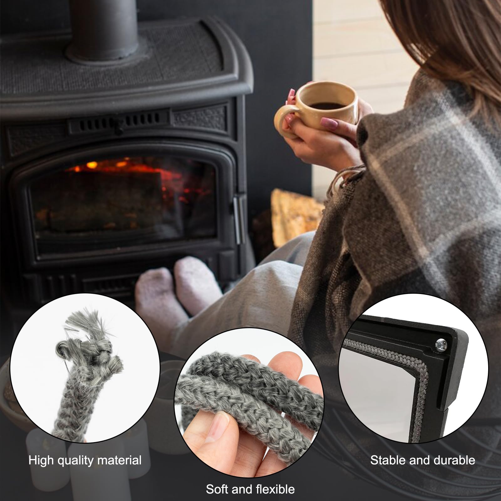 Guarnizione per Porta Stufa 6 mm x 3 meter, Guarnizione Camino Guarnizione Stufa a Legna Fibra di Vetro Corda Ignifuga per Stufa Camini Forno, Caldaia Resistente Fino a 450-550℃