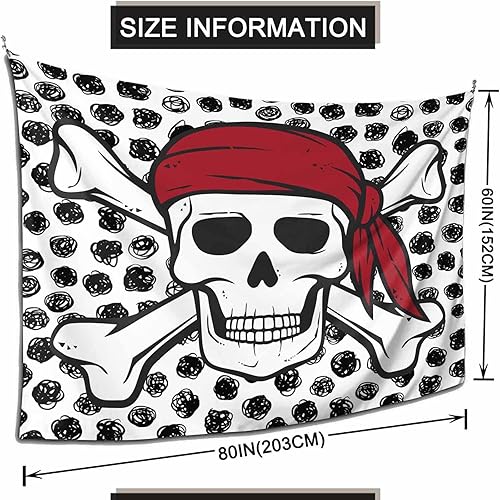 Miniatura 2 de Pznen Tapices de calavera pirata, tamaño grande, 80 x 60 pulgadas, bufanda roja con huesos grunge, tapiz de puntos negros grandes para dormitorio,
